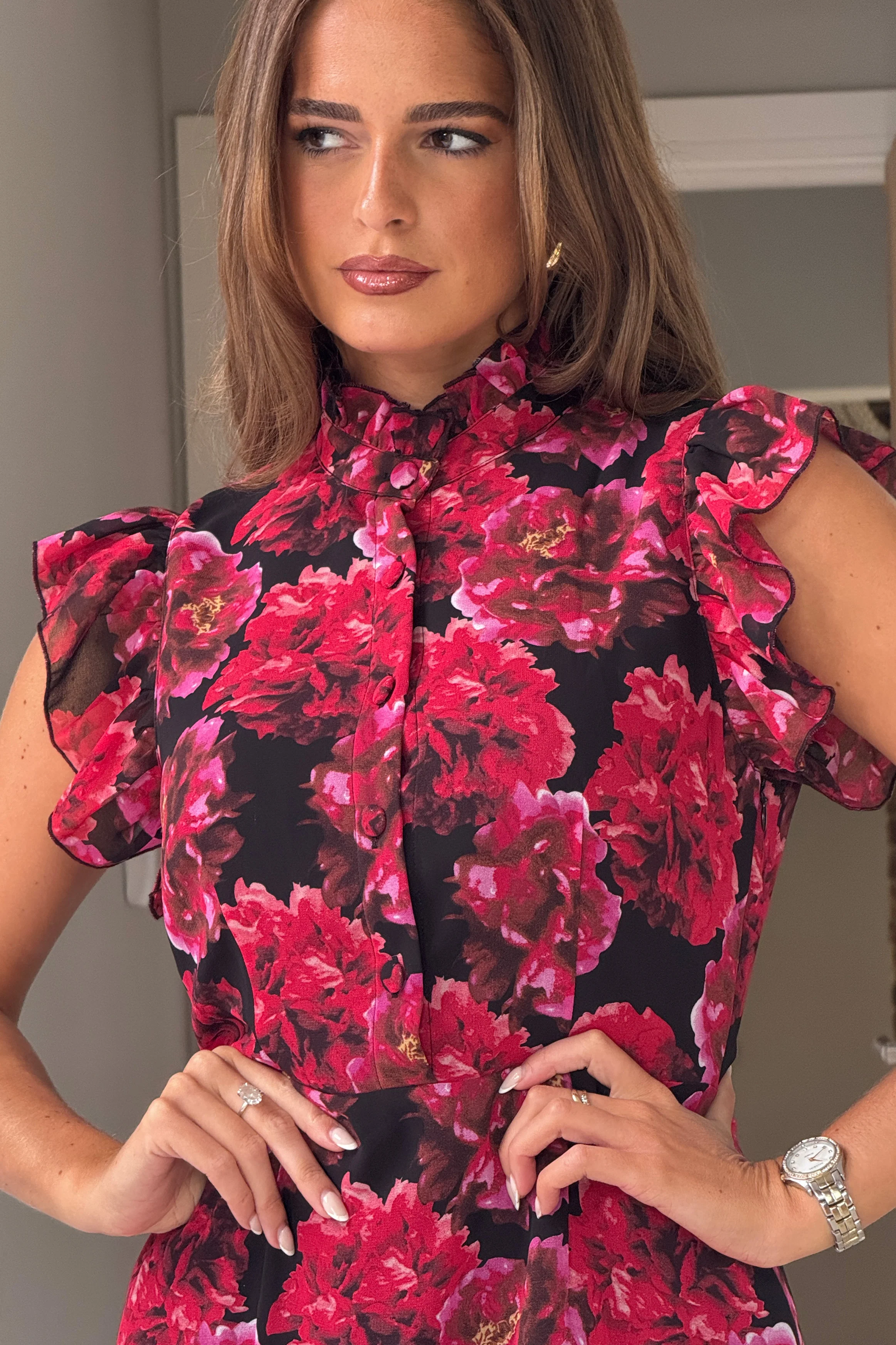 Hannah Frill Sleeve Button Front Midi Dress Black Floral - Image 4