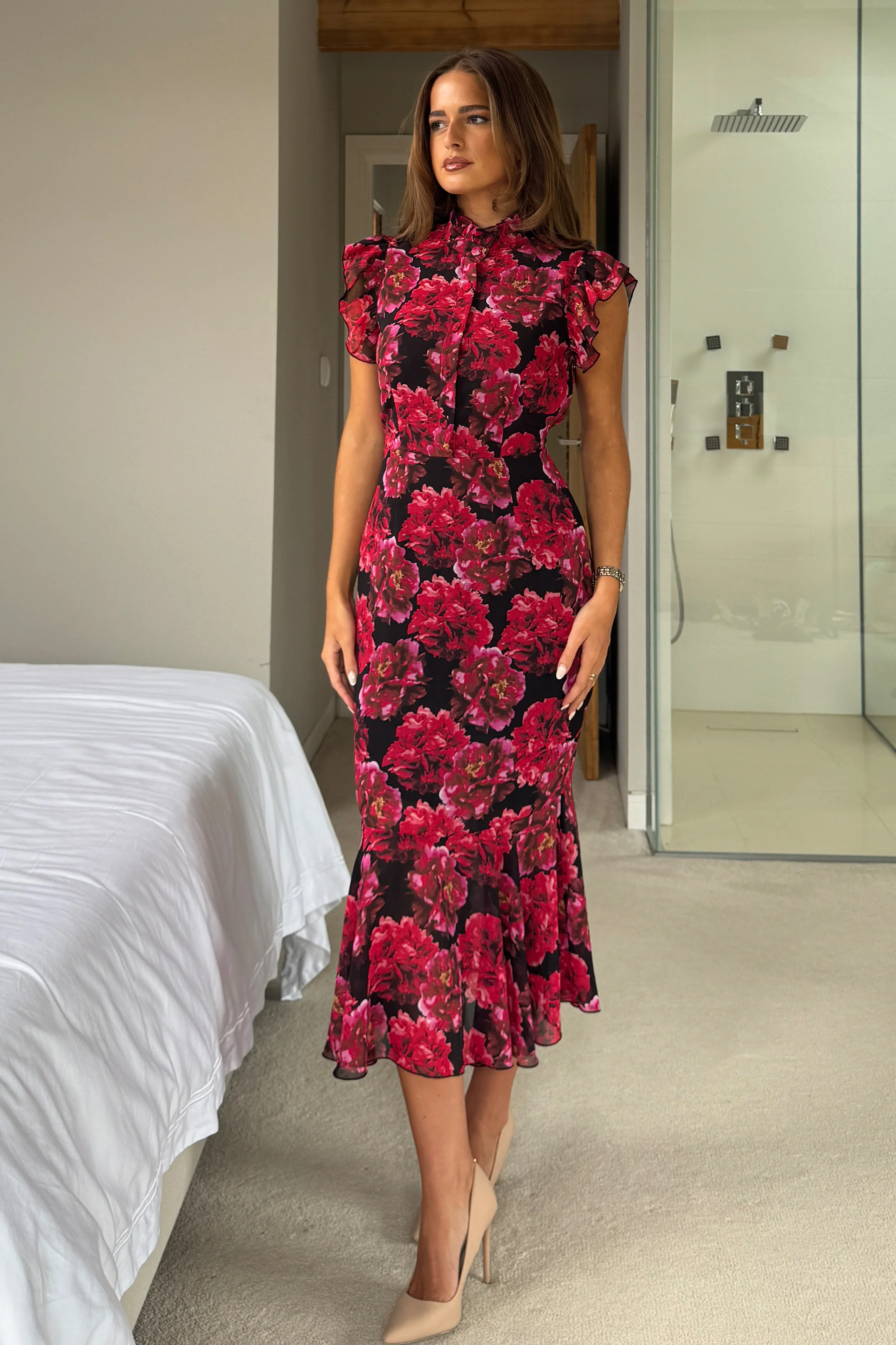 Hannah Frill Sleeve Button Front Midi Dress Black Floral - Image 5
