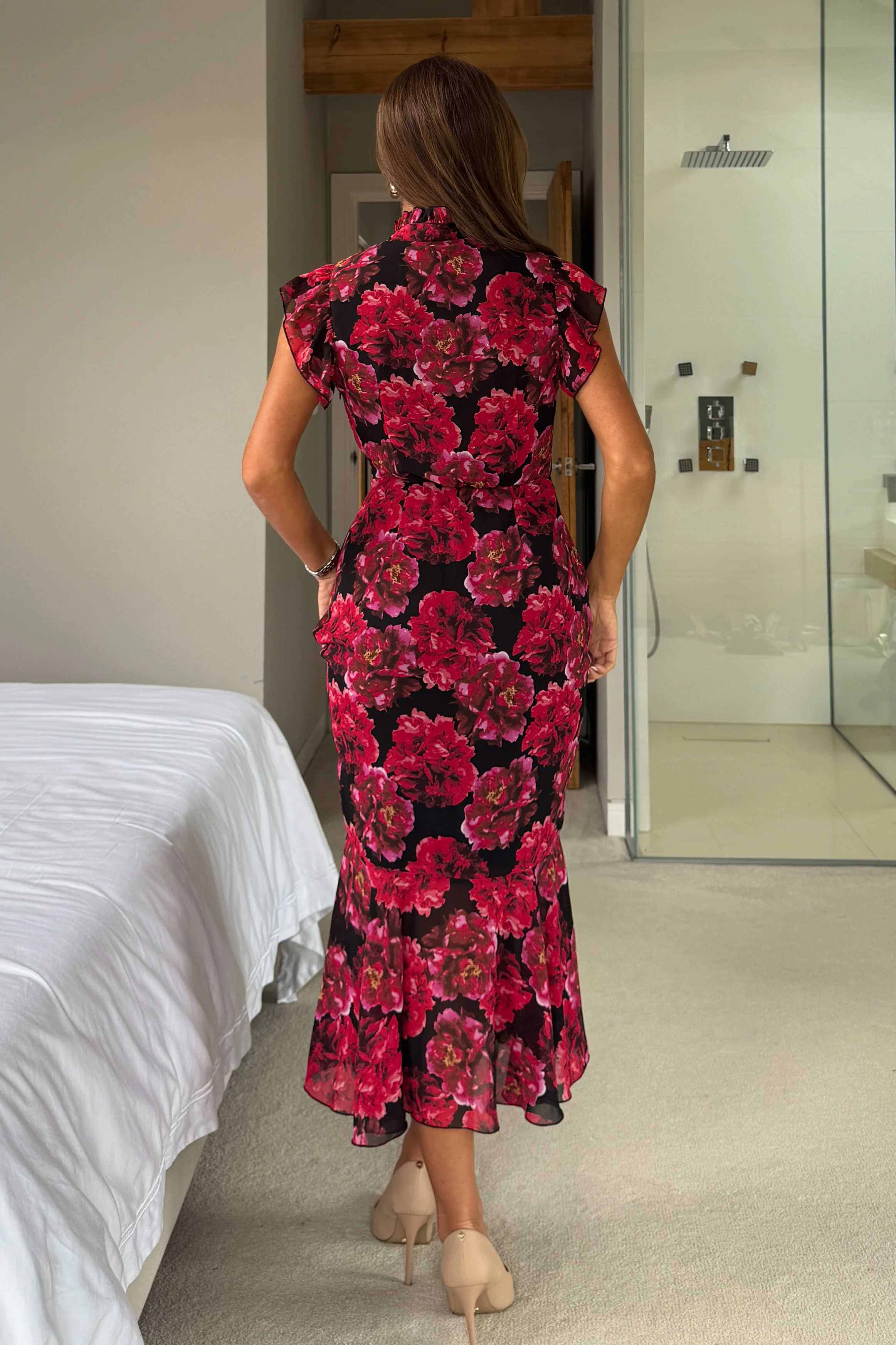 Hannah Frill Sleeve Button Front Midi Dress Black Floral - Image 6