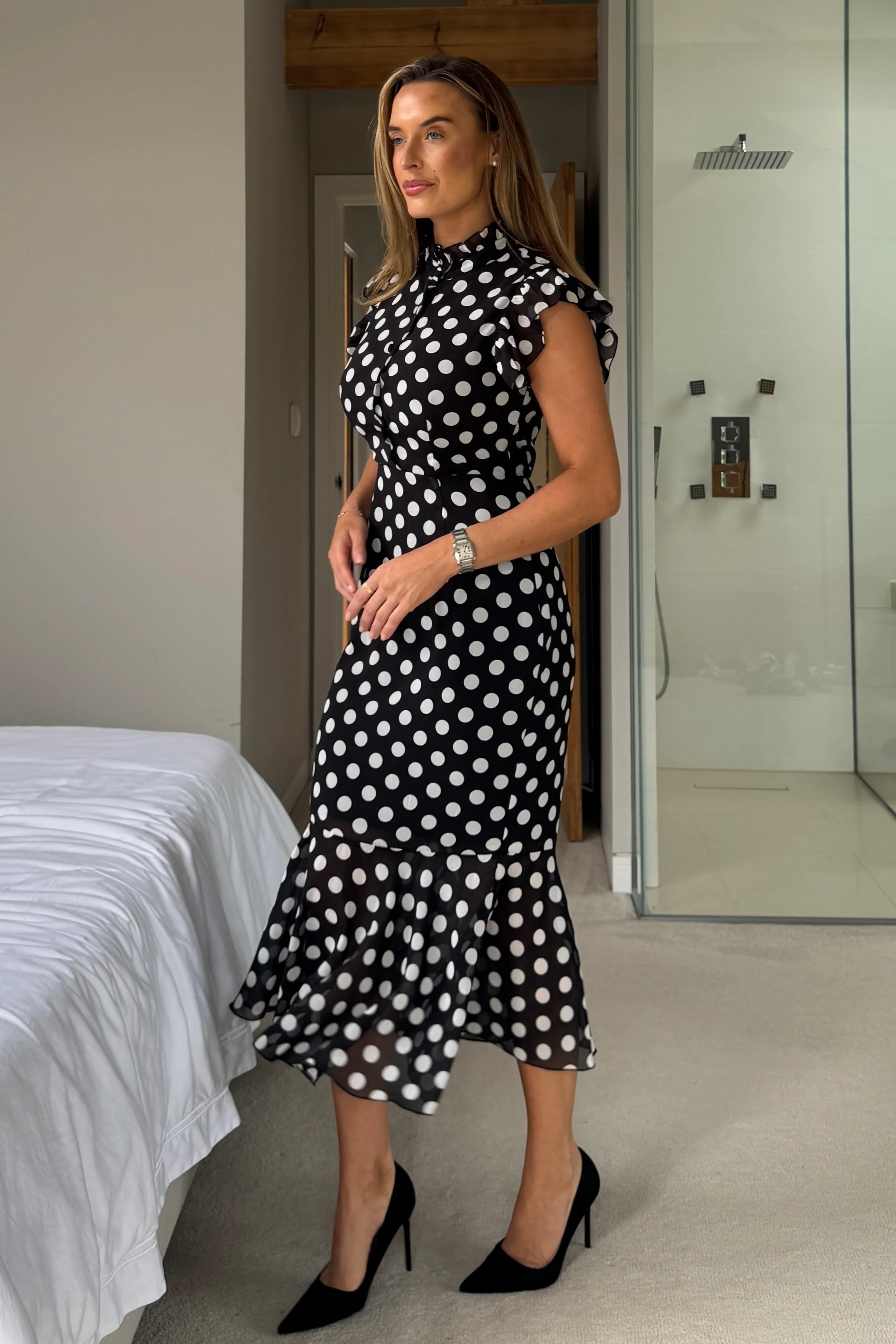 Hannah Frill Sleeve Button Front Midi Dress Black Spot - Image 4