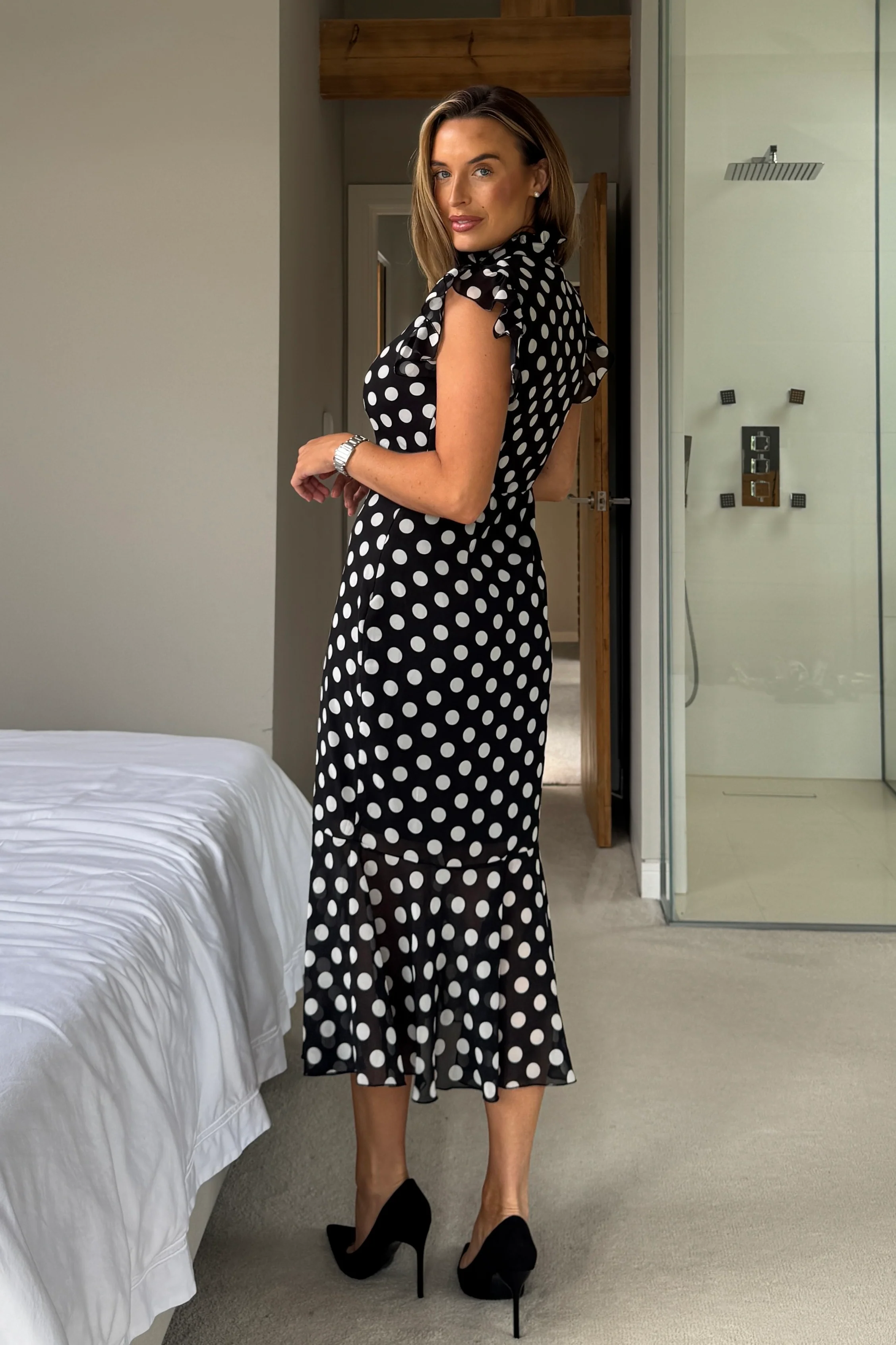 Hannah Frill Sleeve Button Front Midi Dress Black Spot - Image 5
