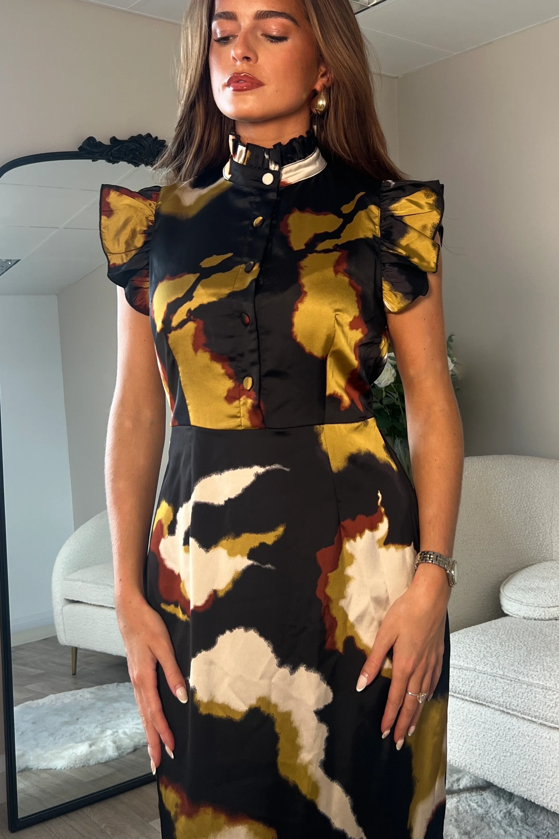 Hannah Frill Sleeve Button Front Midi Dress Brown Abstract - Image 2