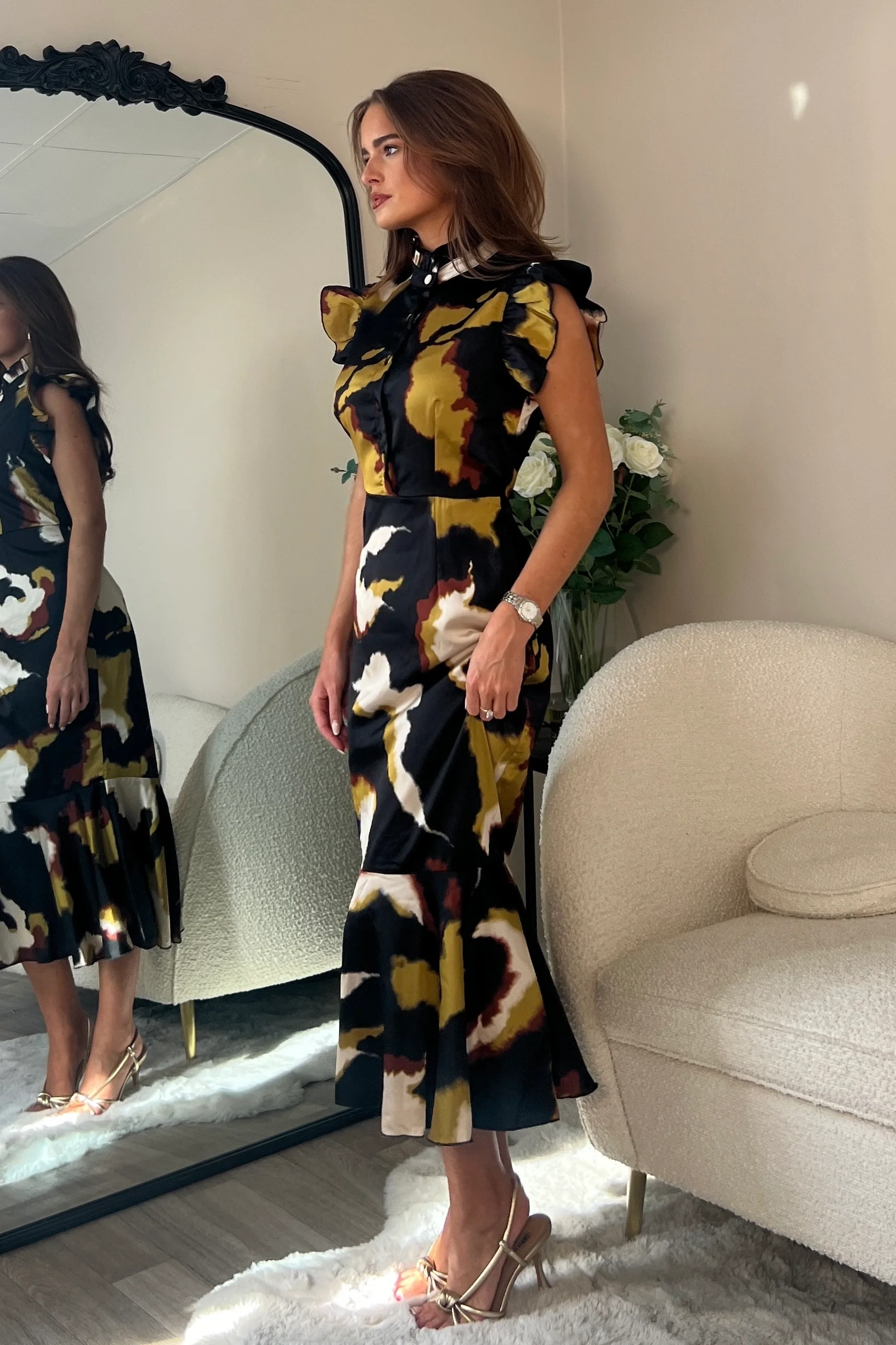 Hannah Frill Sleeve Button Front Midi Dress Brown Abstract - Image 3