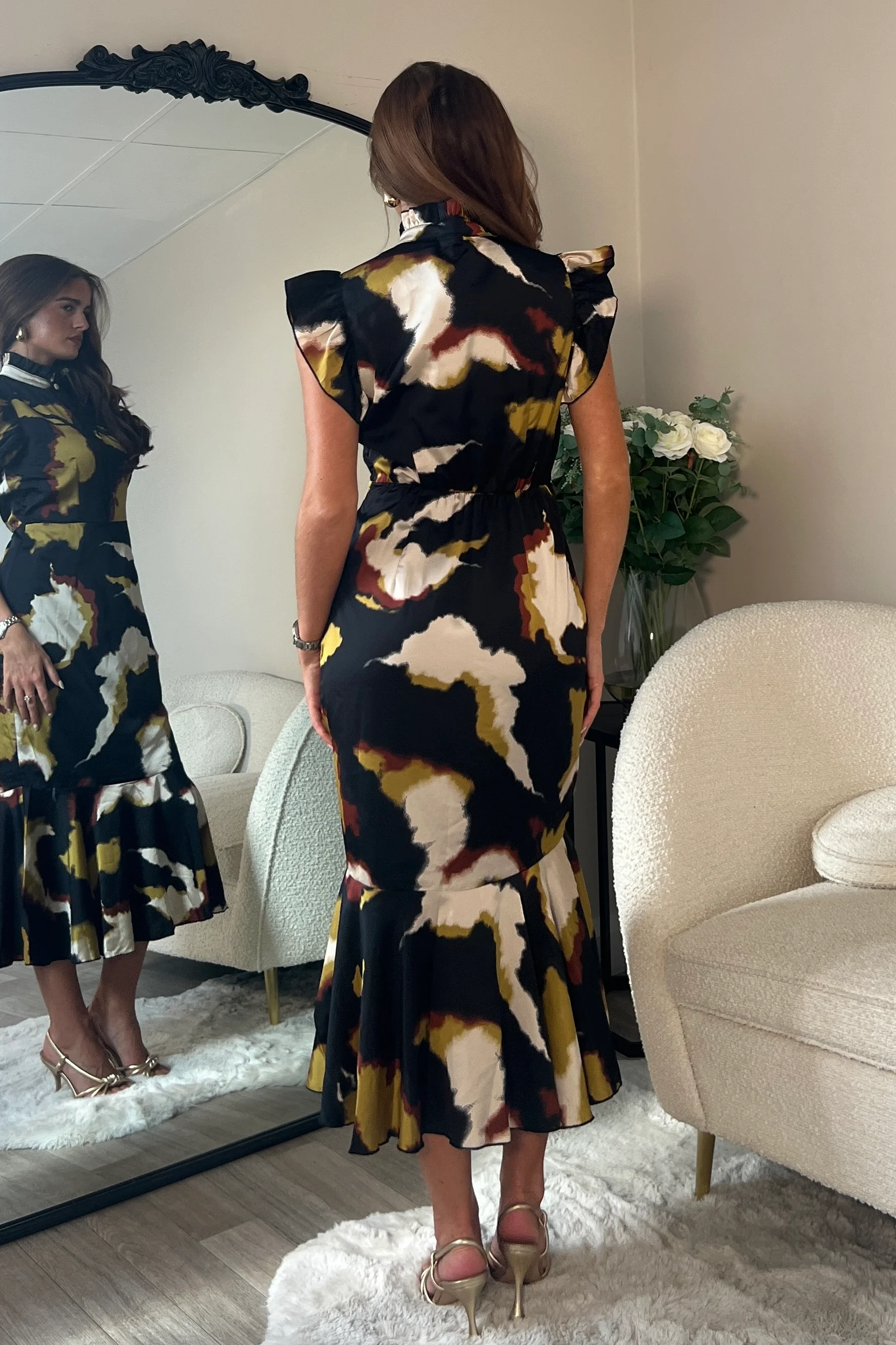 Hannah Frill Sleeve Button Front Midi Dress Brown Abstract - Image 5