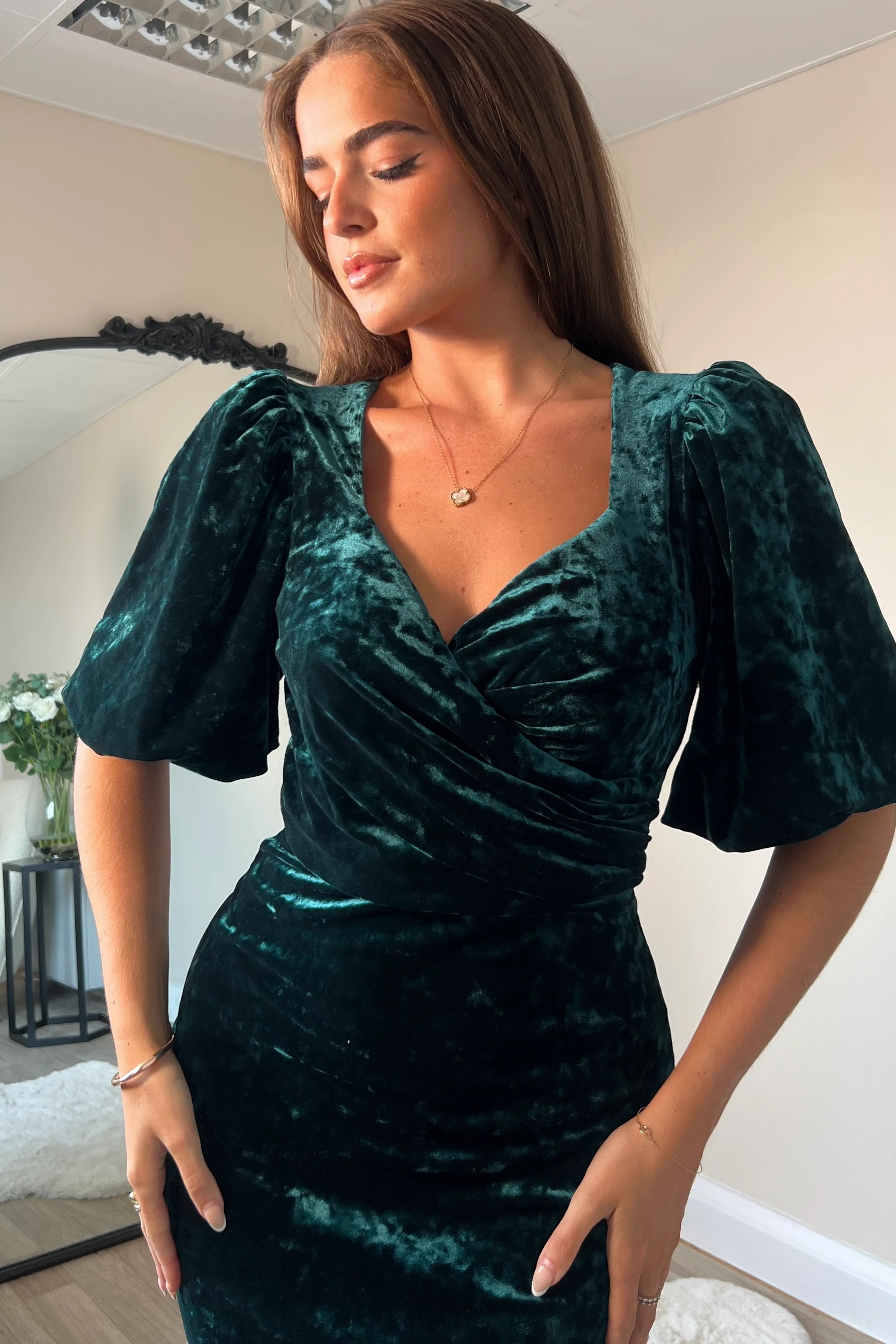 Harbor Green Crushed Velvet Wrap Detail Midi Dress - Image 2