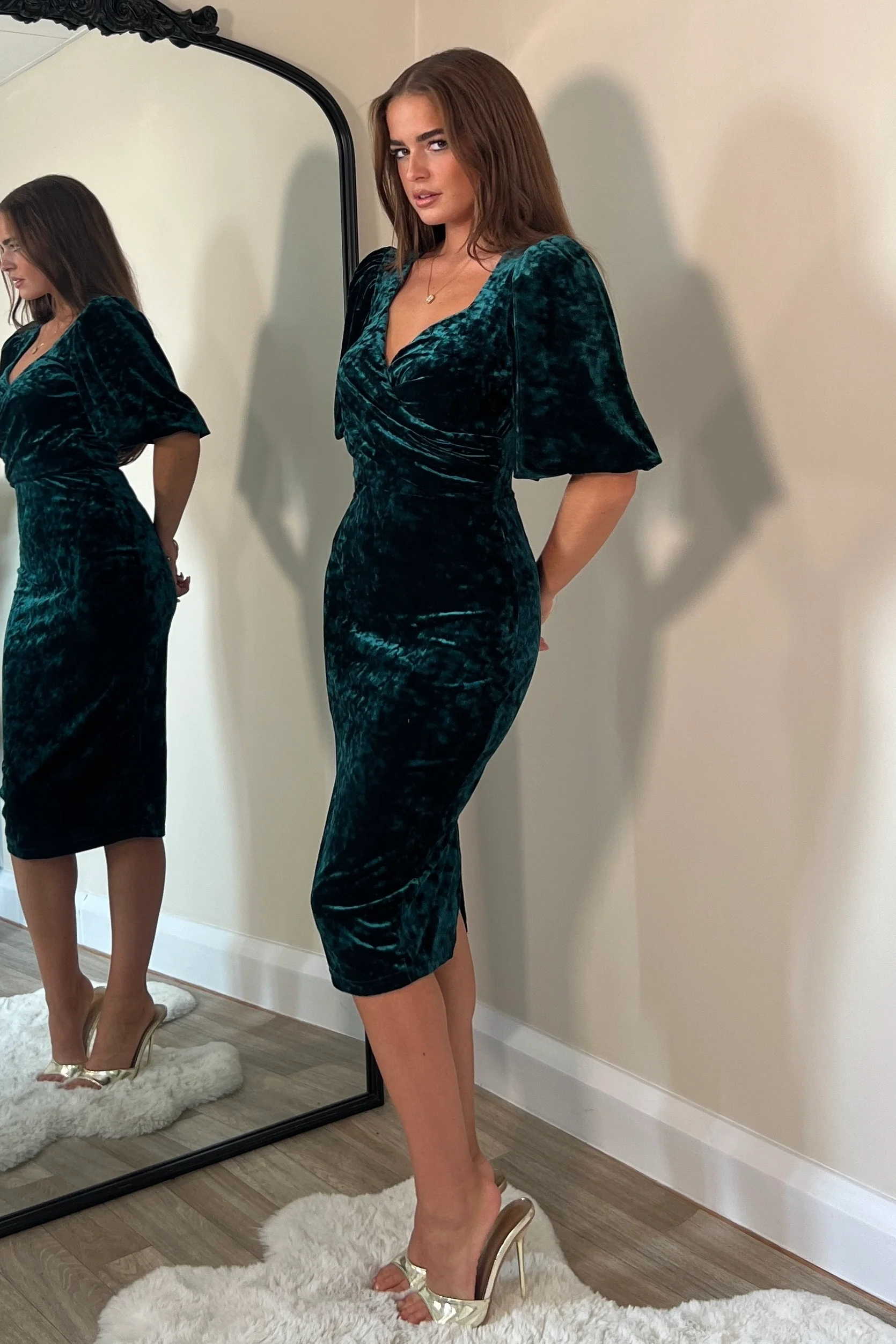 Harbor Green Crushed Velvet Wrap Detail Midi Dress - Image 3