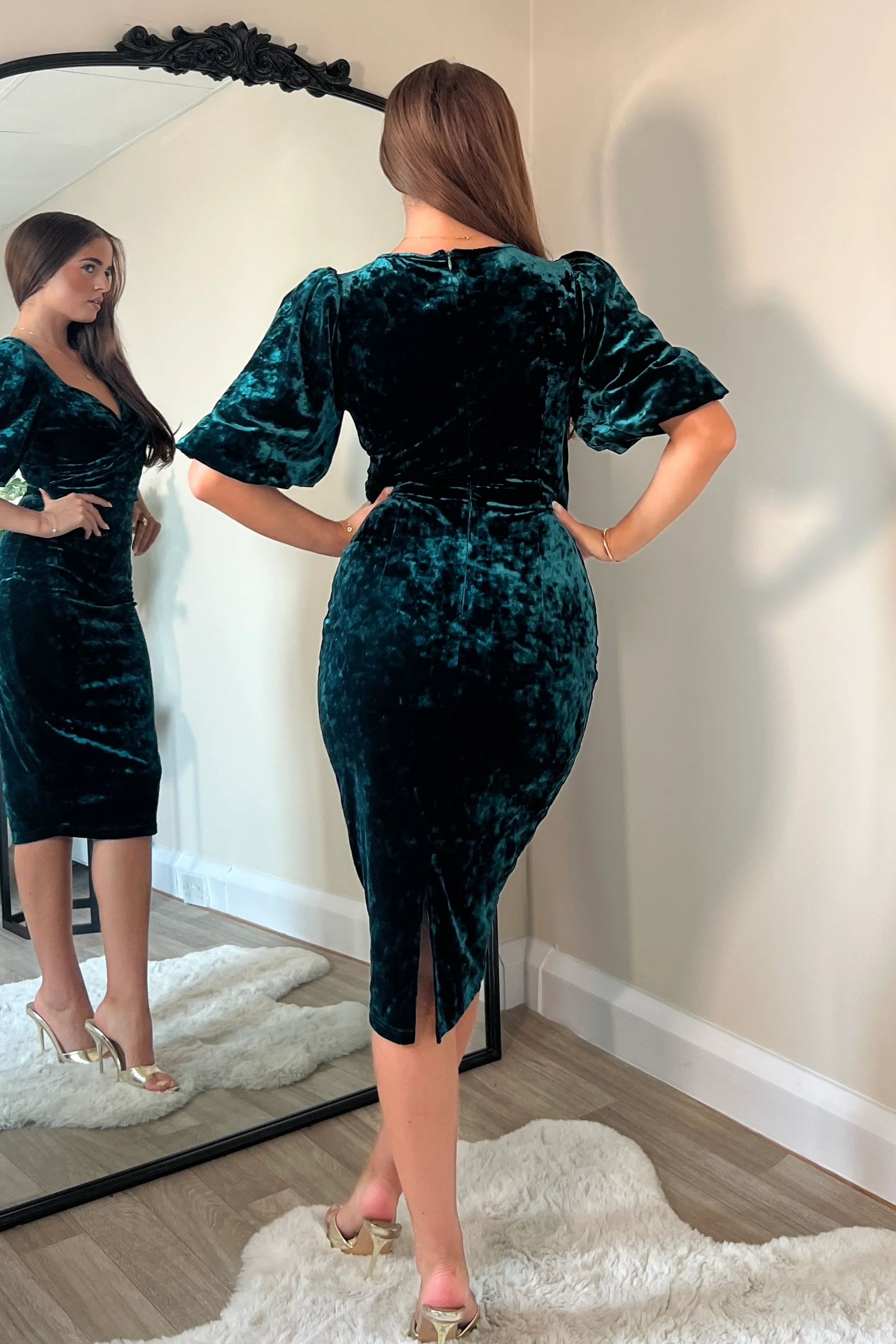 Harbor Green Crushed Velvet Wrap Detail Midi Dress - Image 4