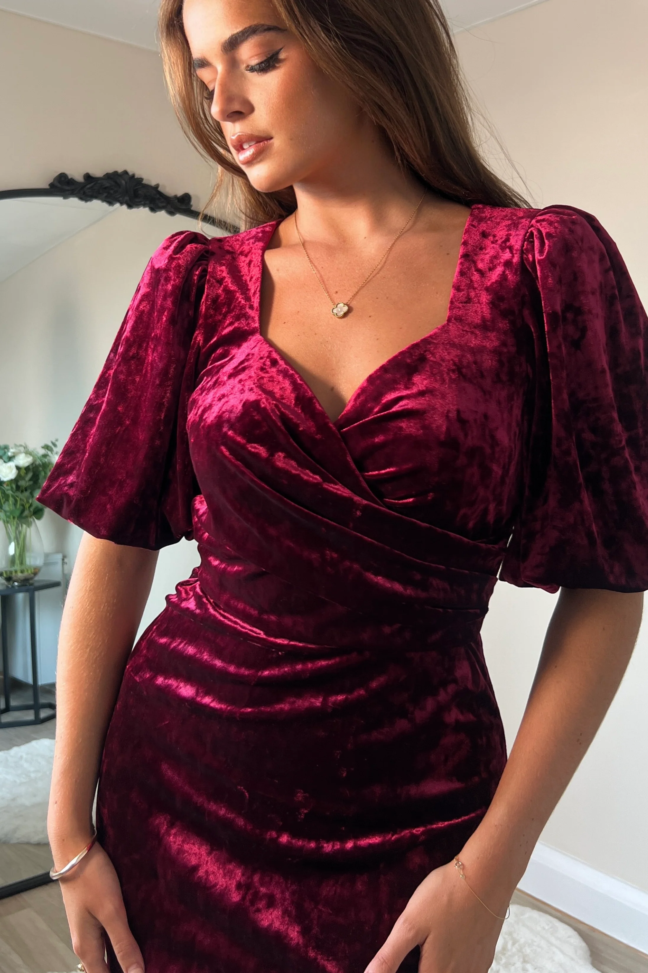 Harbor Wine Crushed Velvet Wrap Detail Midi Dress - Image 2
