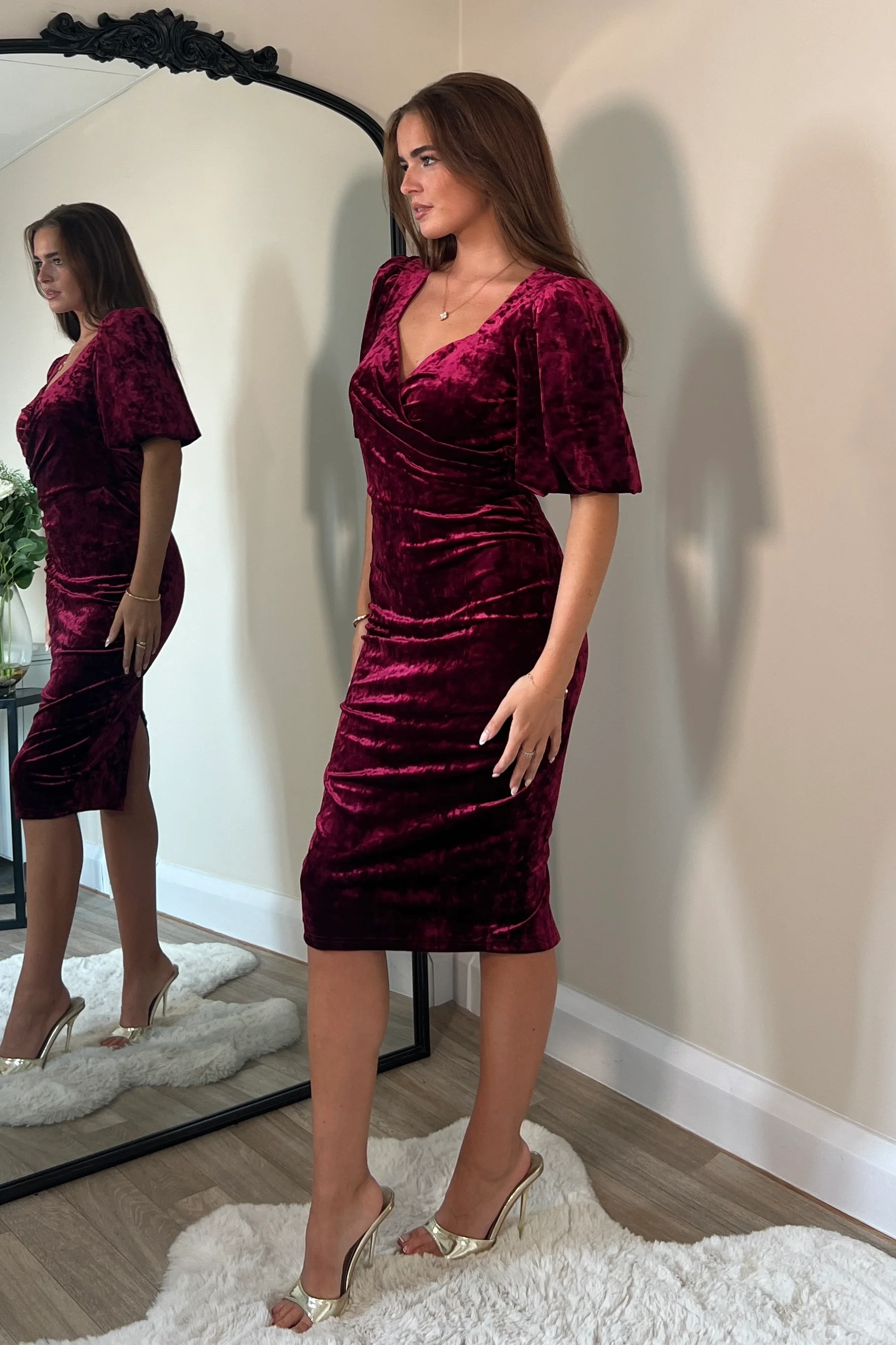 Harbor Wine Crushed Velvet Wrap Detail Midi Dress - Image 3