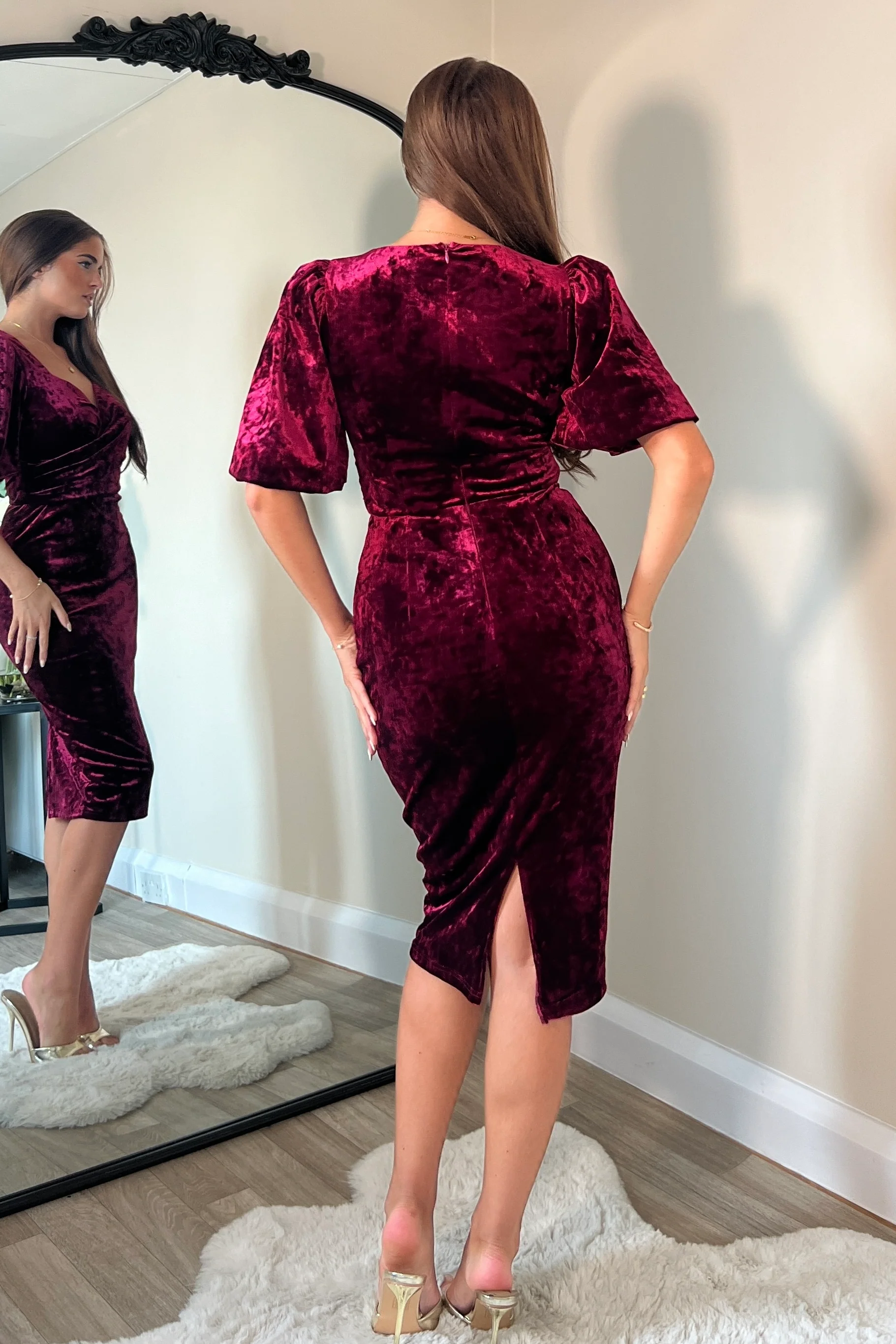 Harbor Wine Crushed Velvet Wrap Detail Midi Dress - Image 4