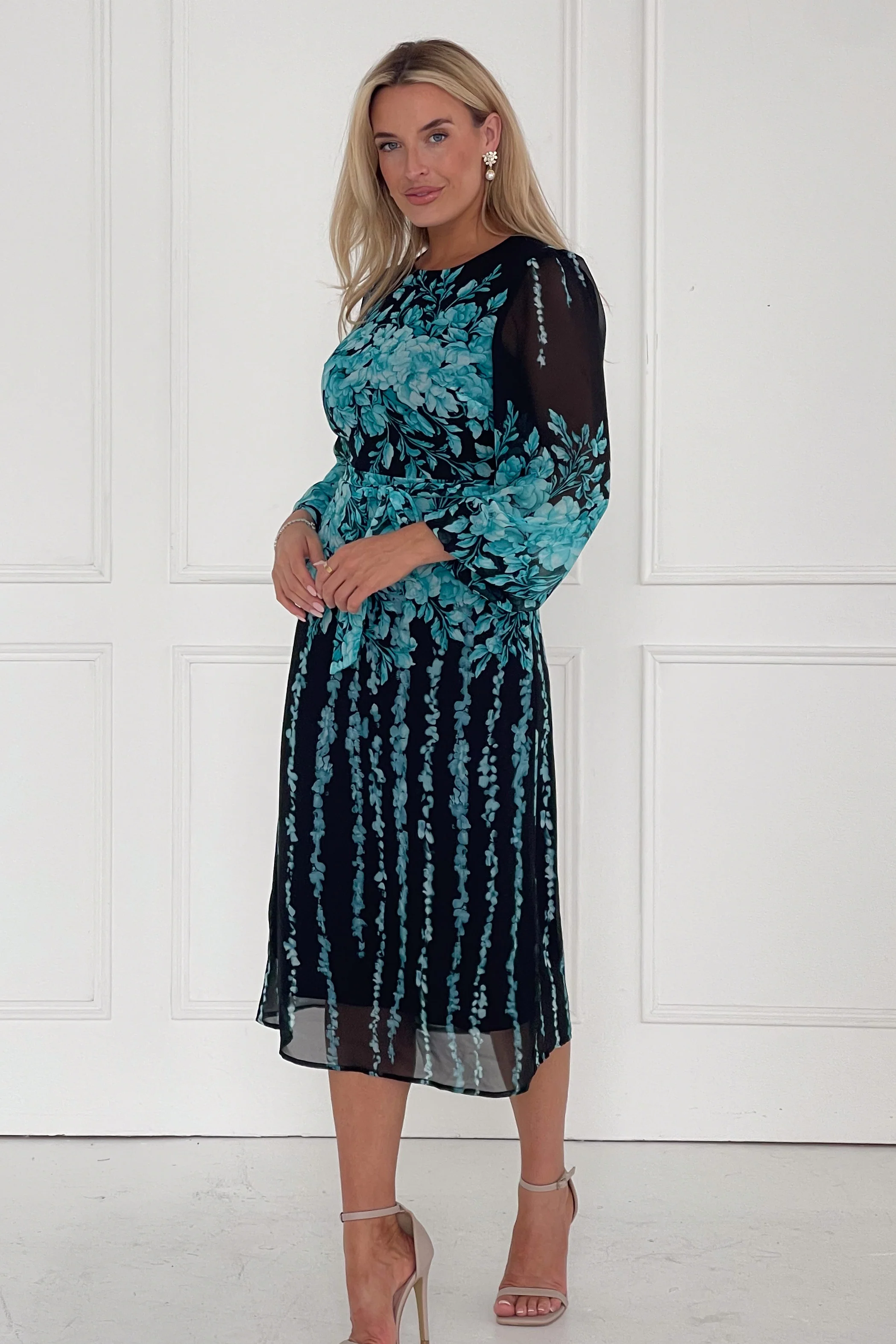 Harlow Blue Floral Belted Long Sleeve Midi Dress - Image 3