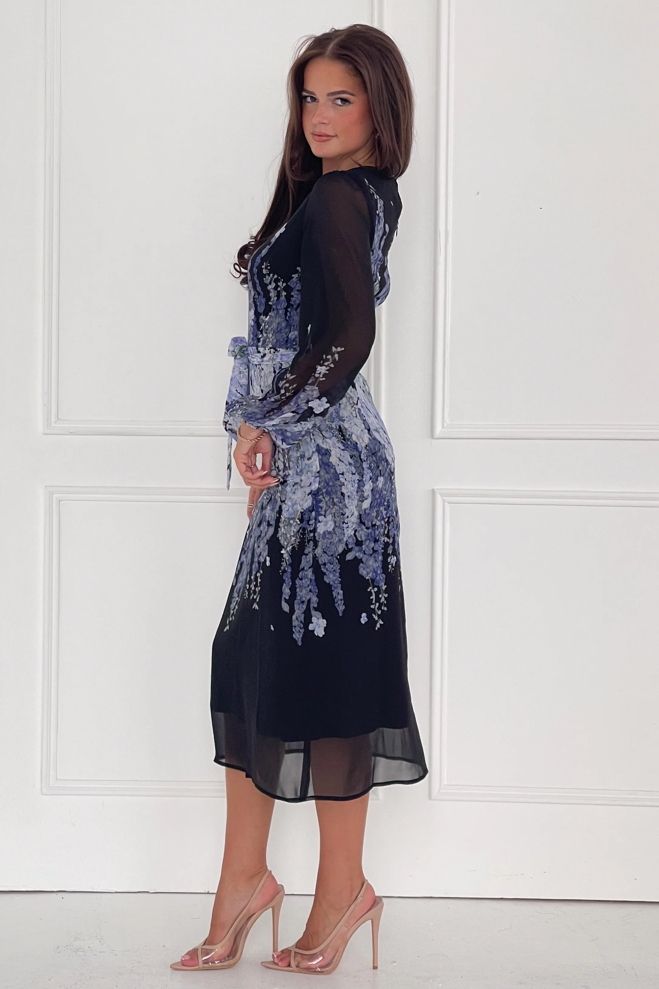 Harlow Purple Floral Belted Long Sleeve Midi Dress - Image 3