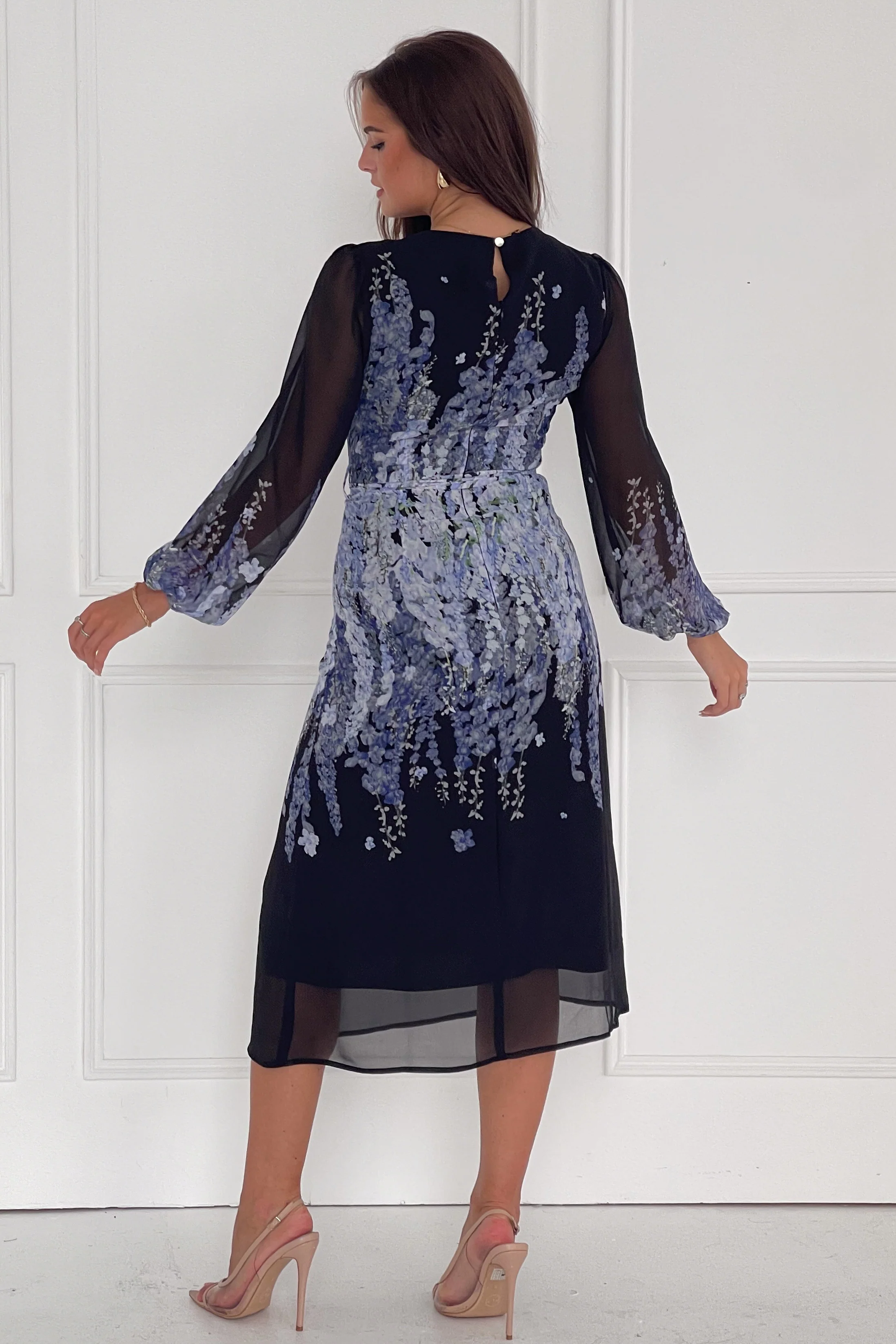 Harlow Purple Floral Belted Long Sleeve Midi Dress - Image 4