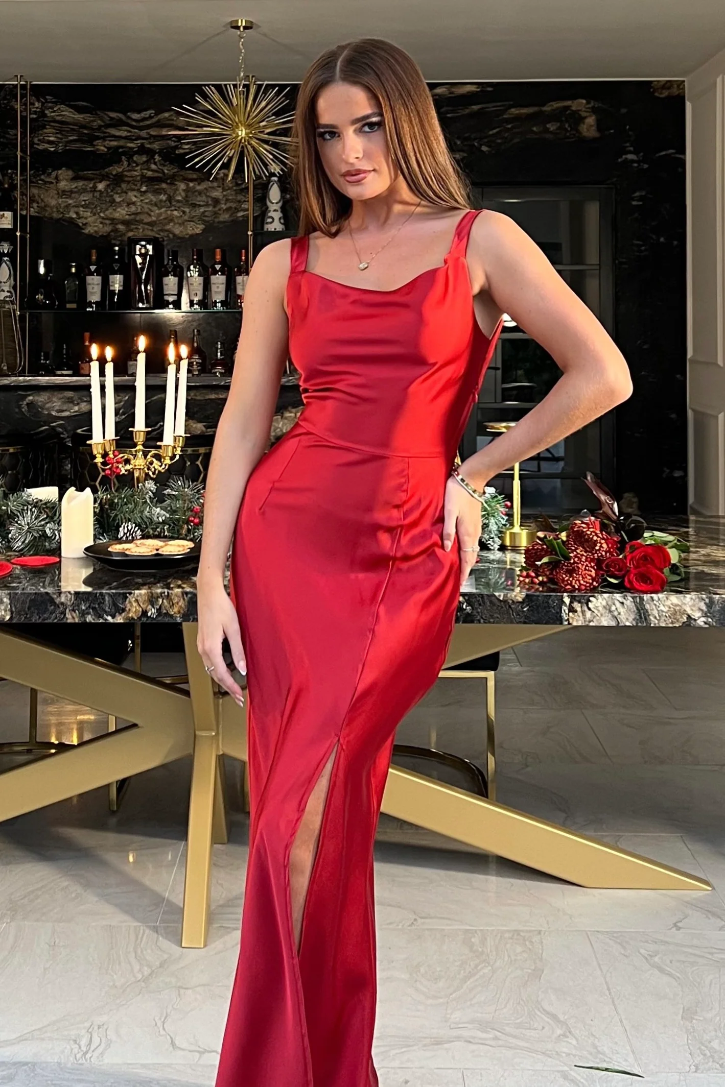 Harper Red Cowl Neck Slip Dress - Image 2