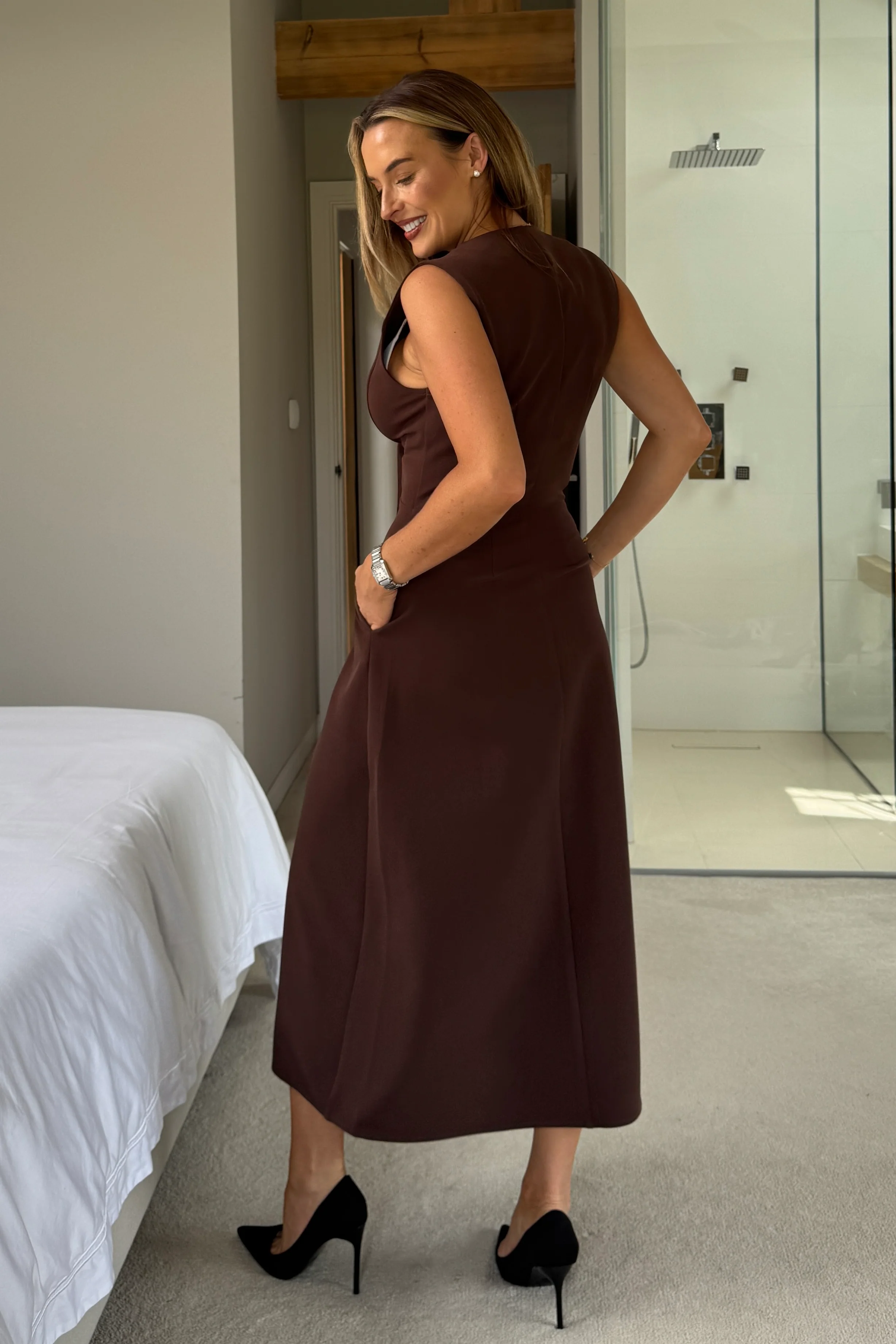 Hazel Tailored Sleeveless Midi Dress Brown - Image 4