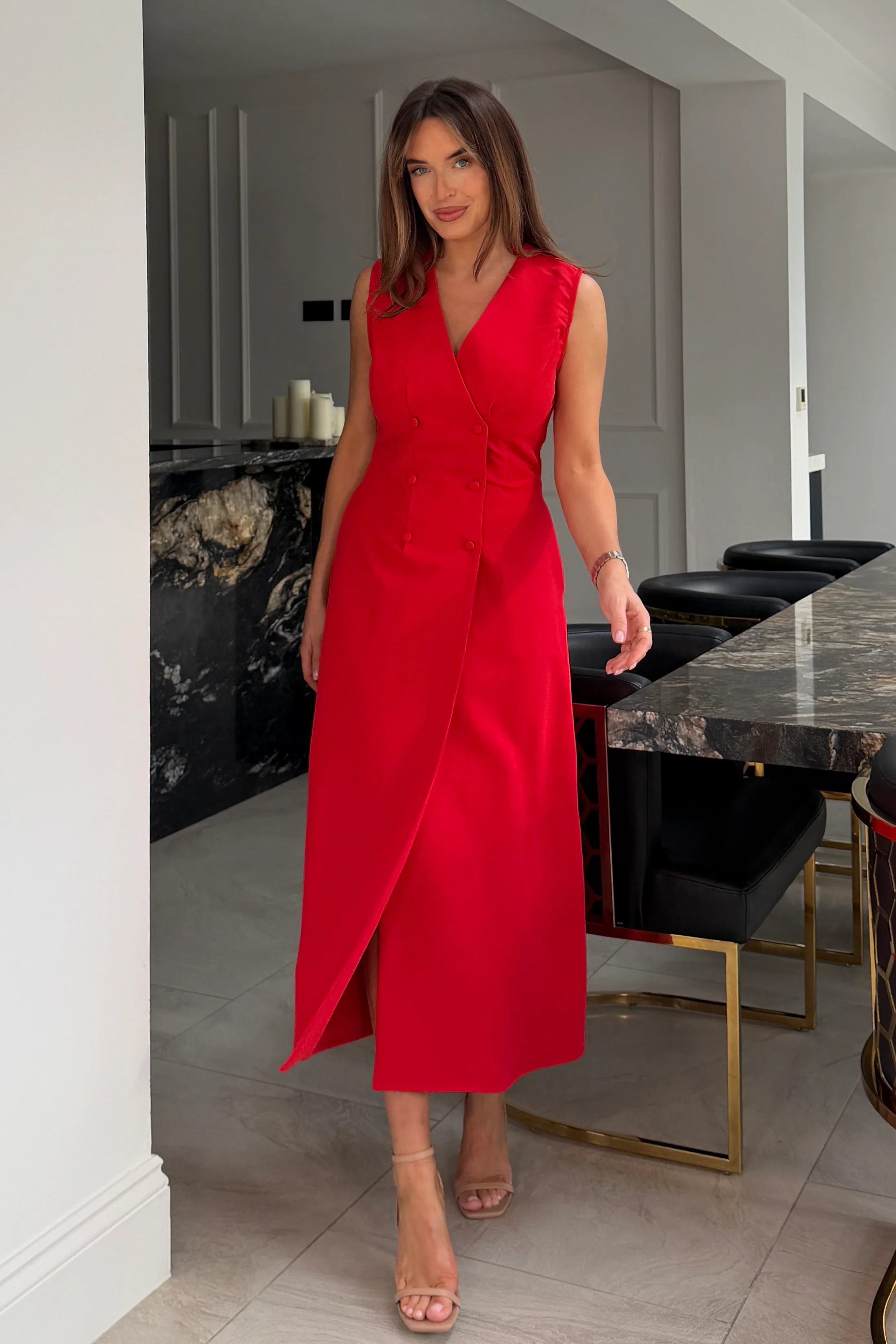 Hazel Tailored Sleeveless Midi Dress Red - Image 3