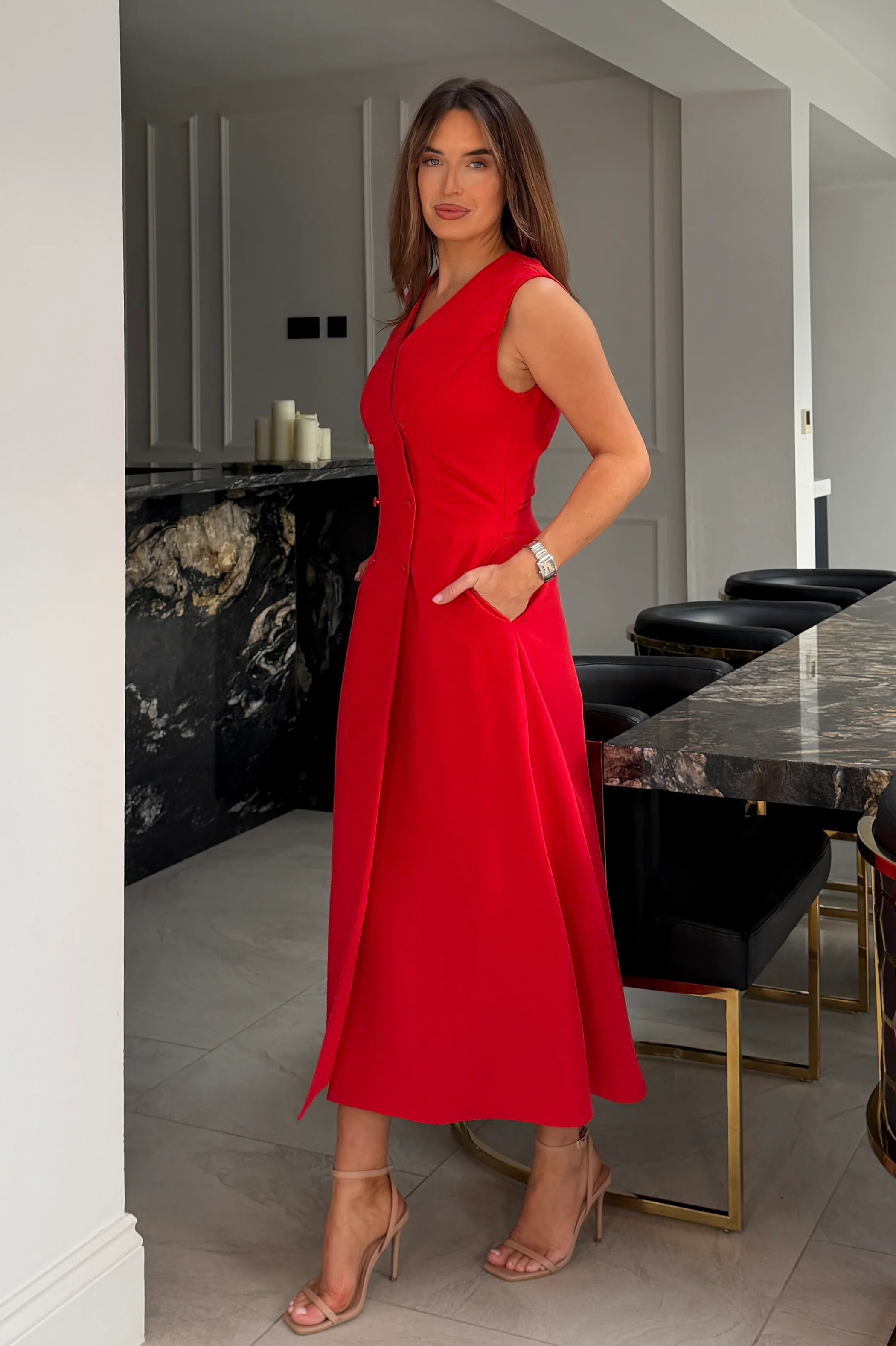 Hazel Tailored Sleeveless Midi Dress Red - Image 4