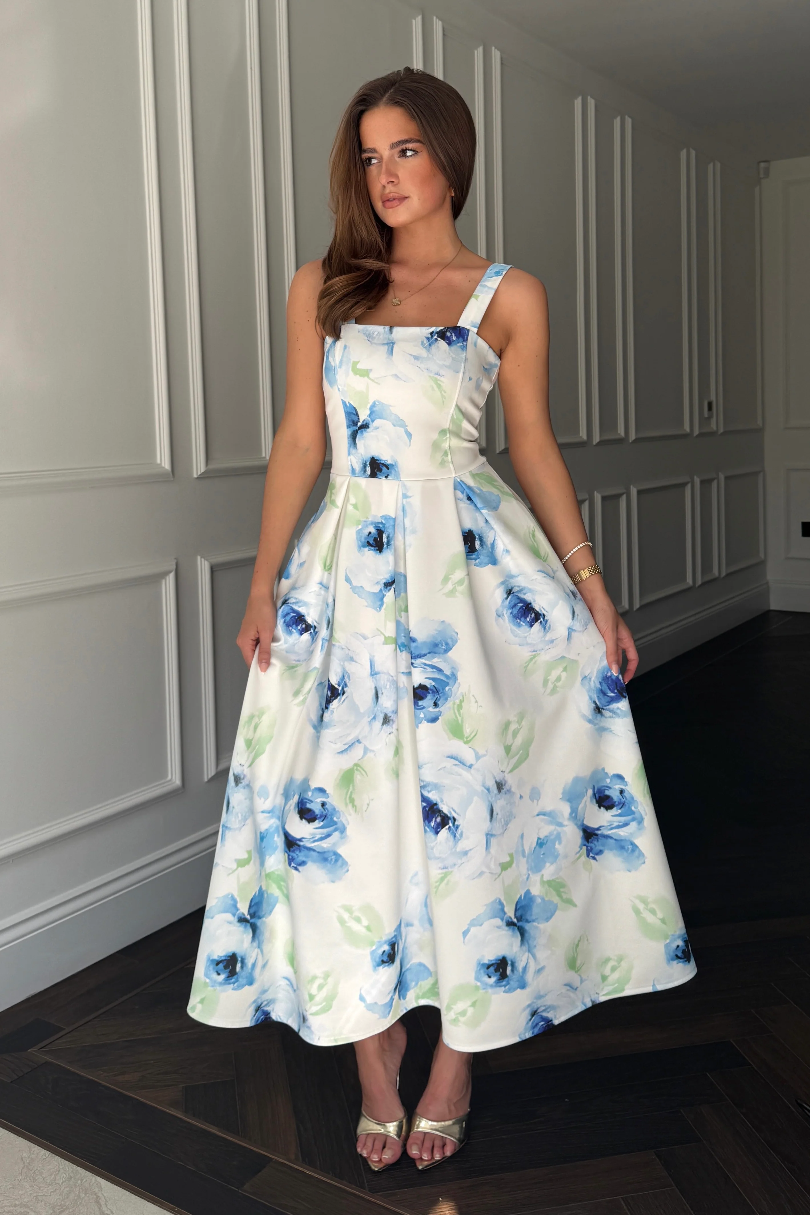 Heather Blue Floral Pleated Midi Dress - Image 3