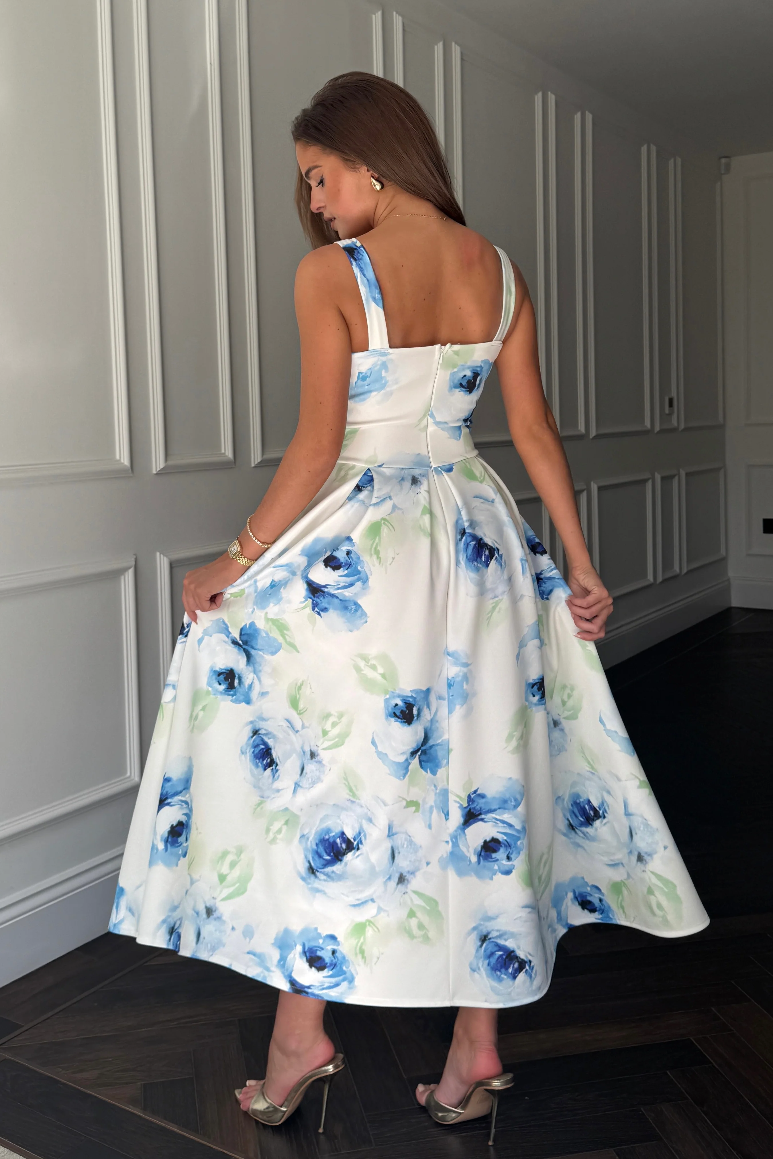 Heather Blue Floral Pleated Midi Dress - Image 6