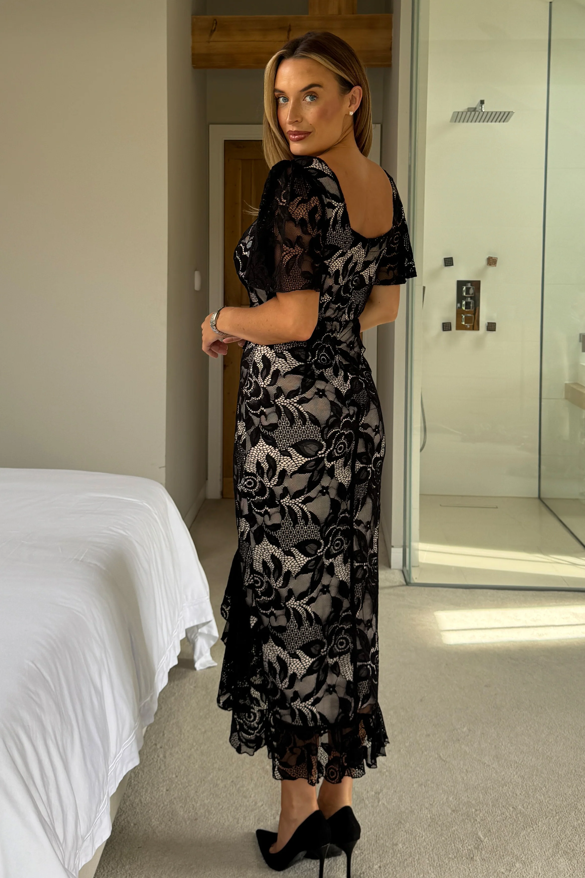 Heidi Black And Nude Lace Ruched Midi Dress - Image 6