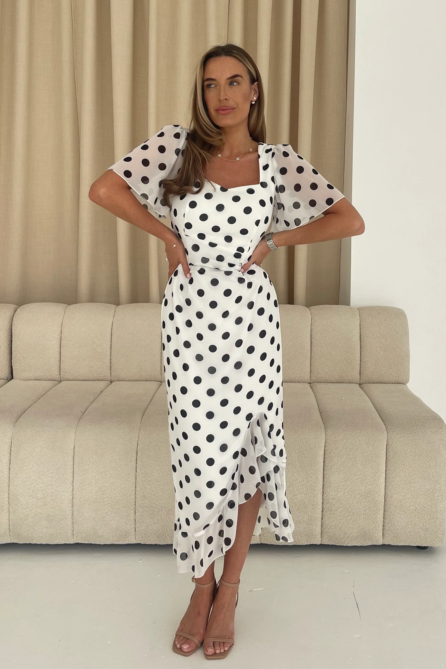 Heidi Black Spot Ruched Midi Dress - Image 4