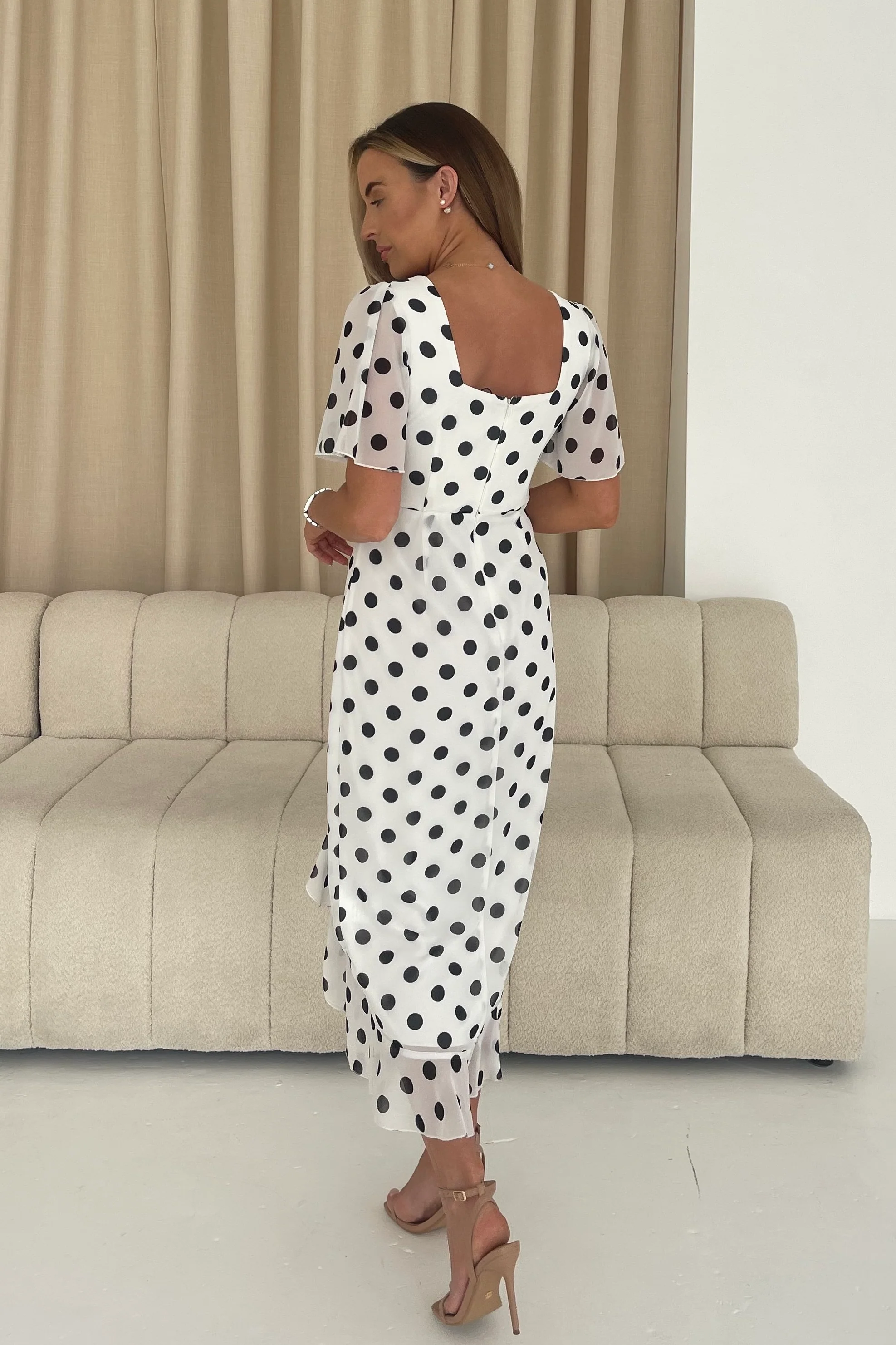 Heidi Black Spot Ruched Midi Dress - Image 6