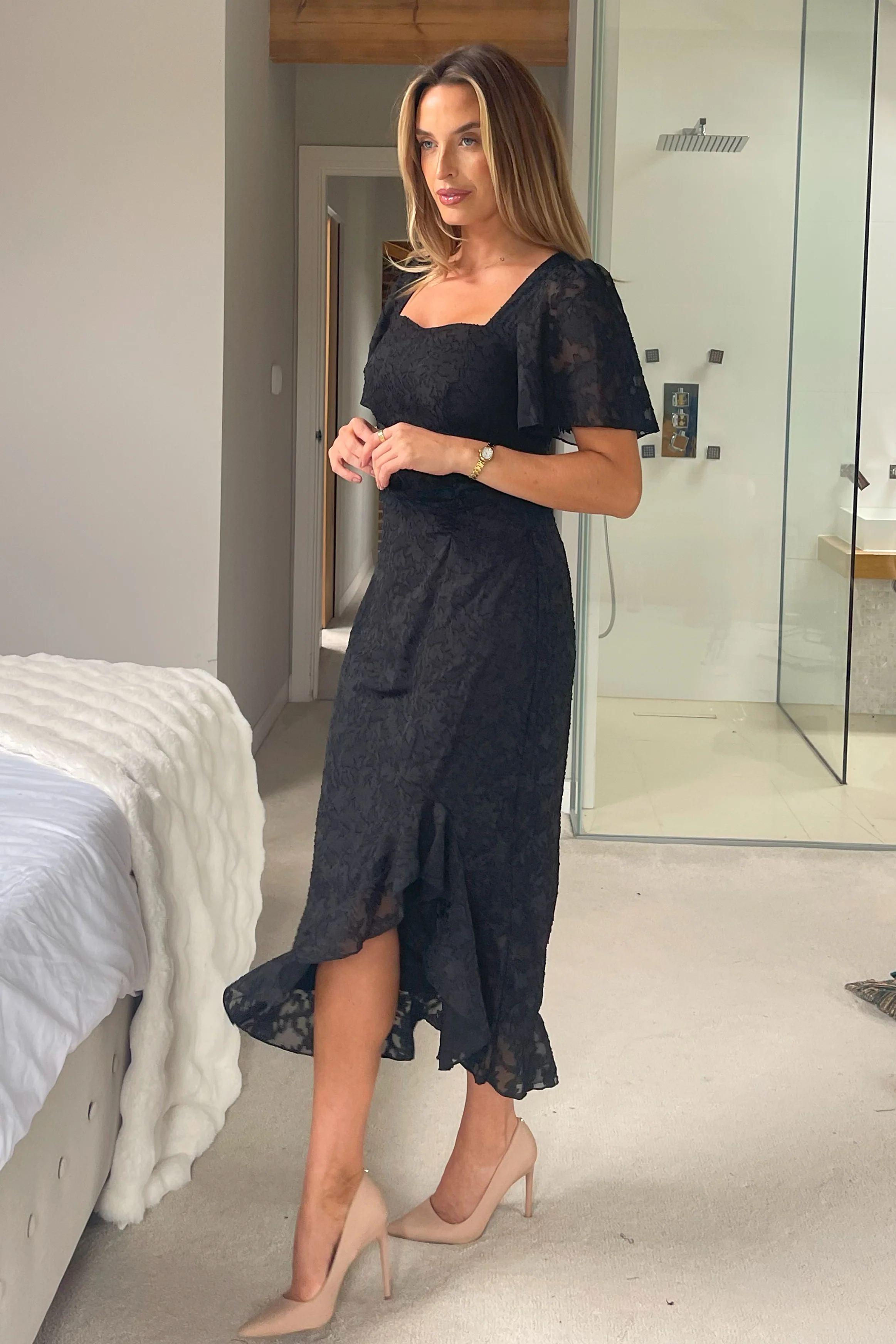 Heidi Floral Burnout Ruched Midi Dress Black - Image 4