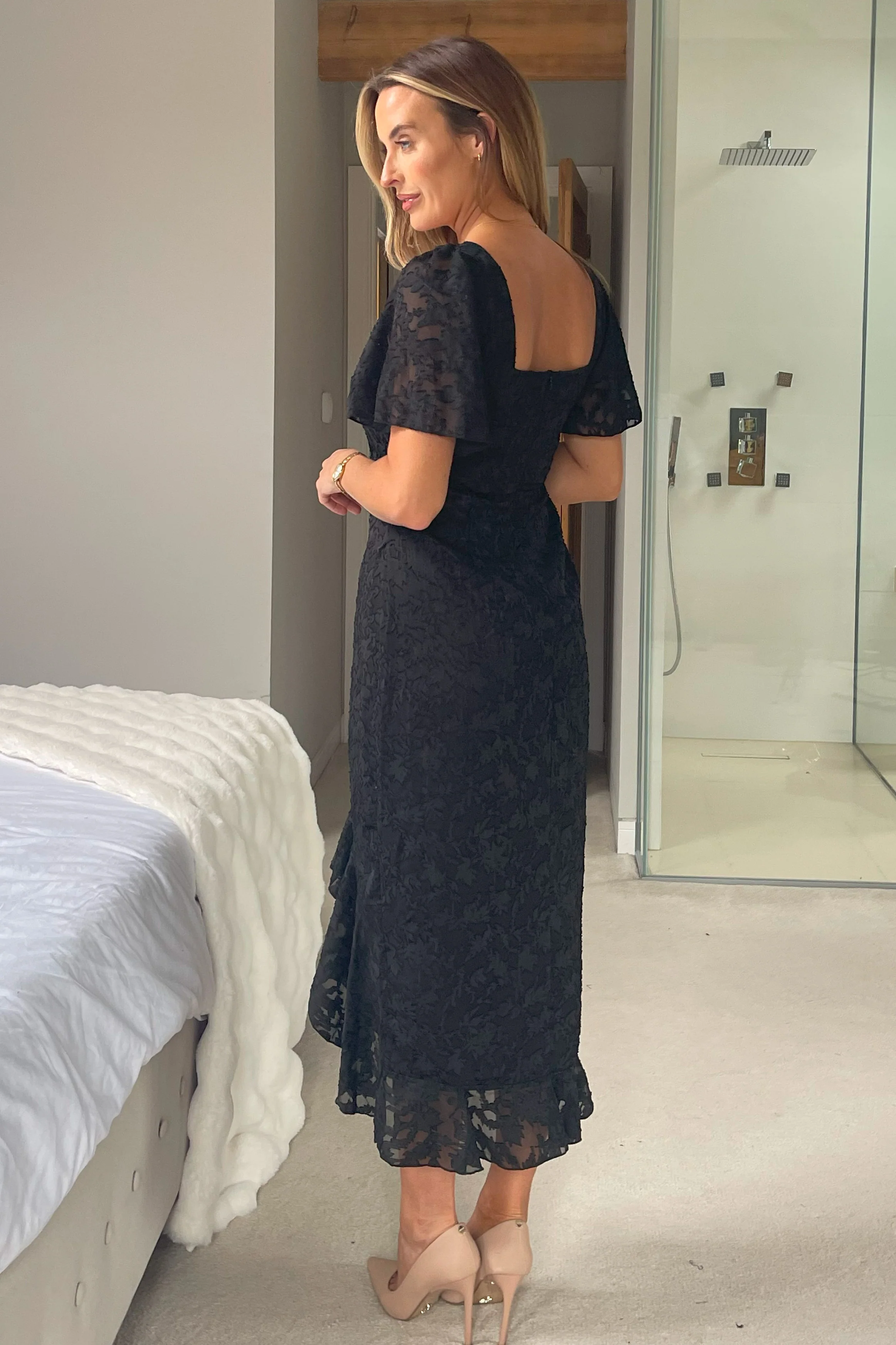 Heidi Floral Burnout Ruched Midi Dress Black - Image 5