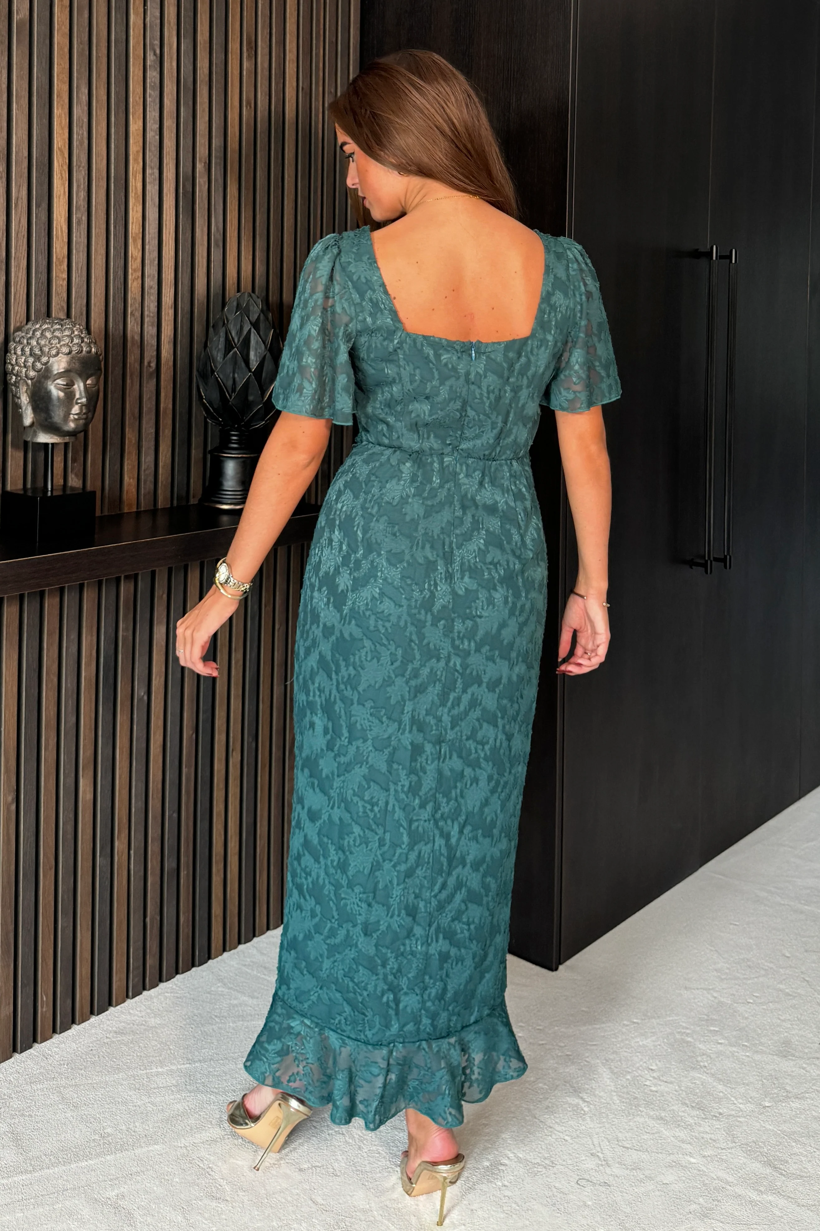 Heidi Floral Burnout Ruched Midi Dress Green - Image 4
