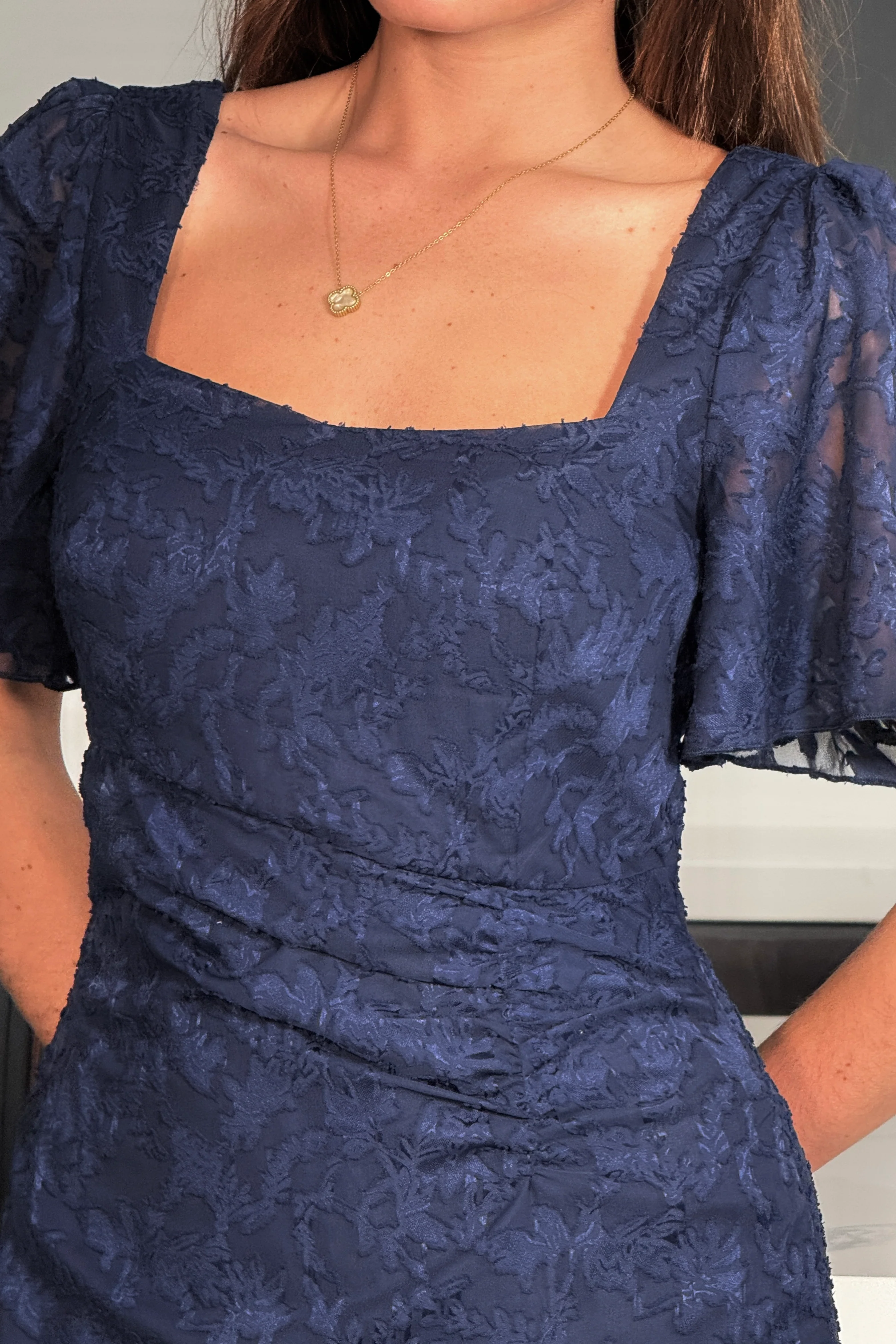 Heidi Floral Burnout Ruched Midi Dress Navy - Image 5