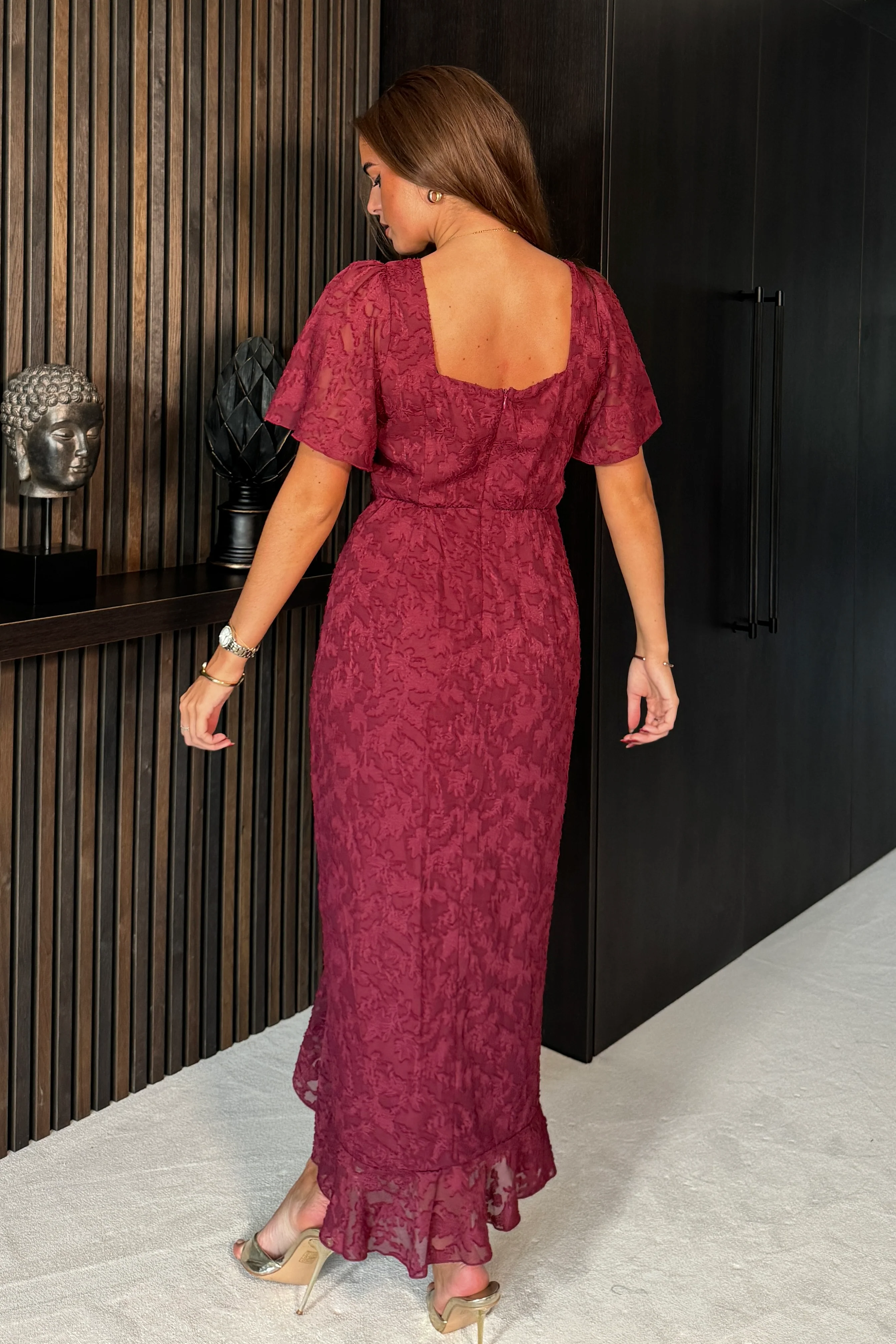 Heidi Floral Burnout Ruched Midi Dress Wine - Image 4