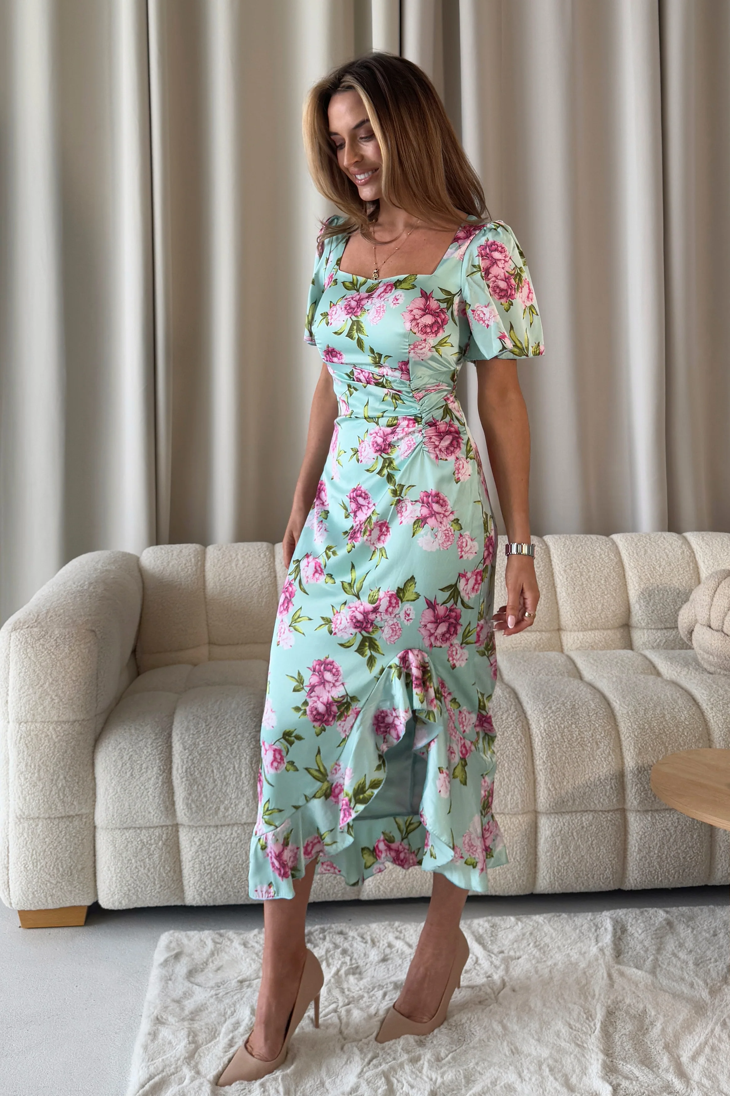 Heidi Green Floral Ruched Midi Dress - Image 5
