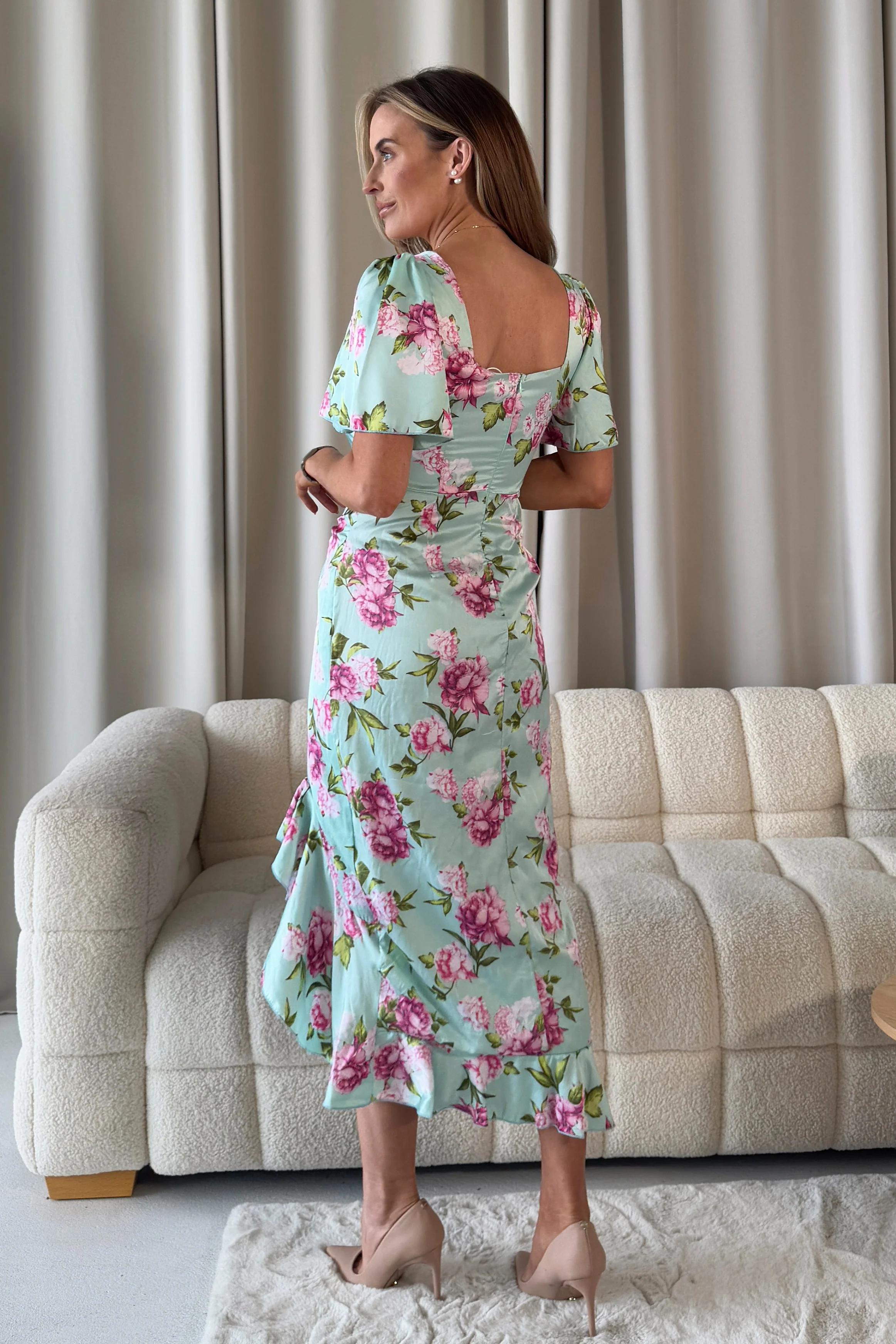 Heidi Green Floral Ruched Midi Dress - Image 6