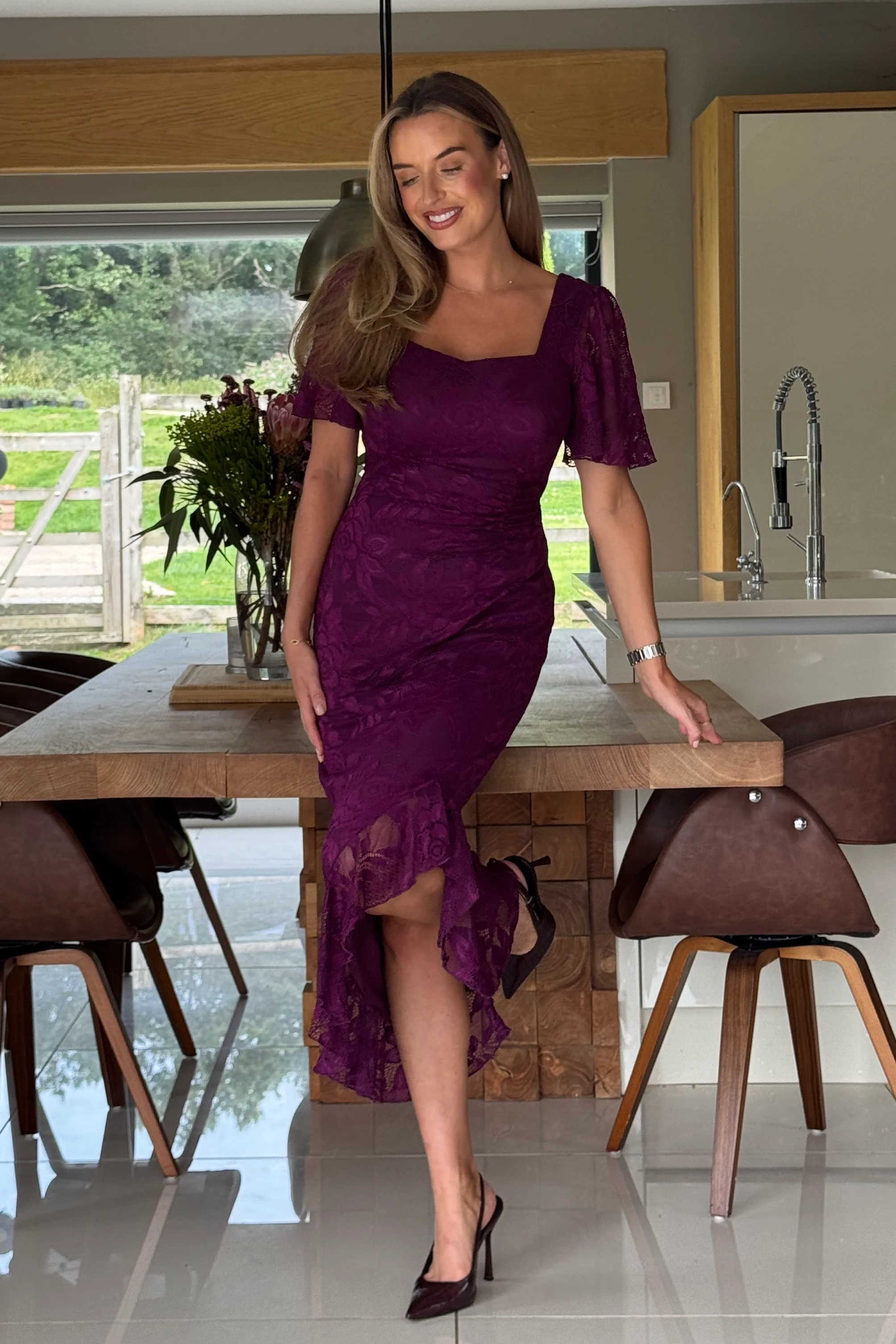 Heidi Lace Ruched Midi Dress Plum - Image 3