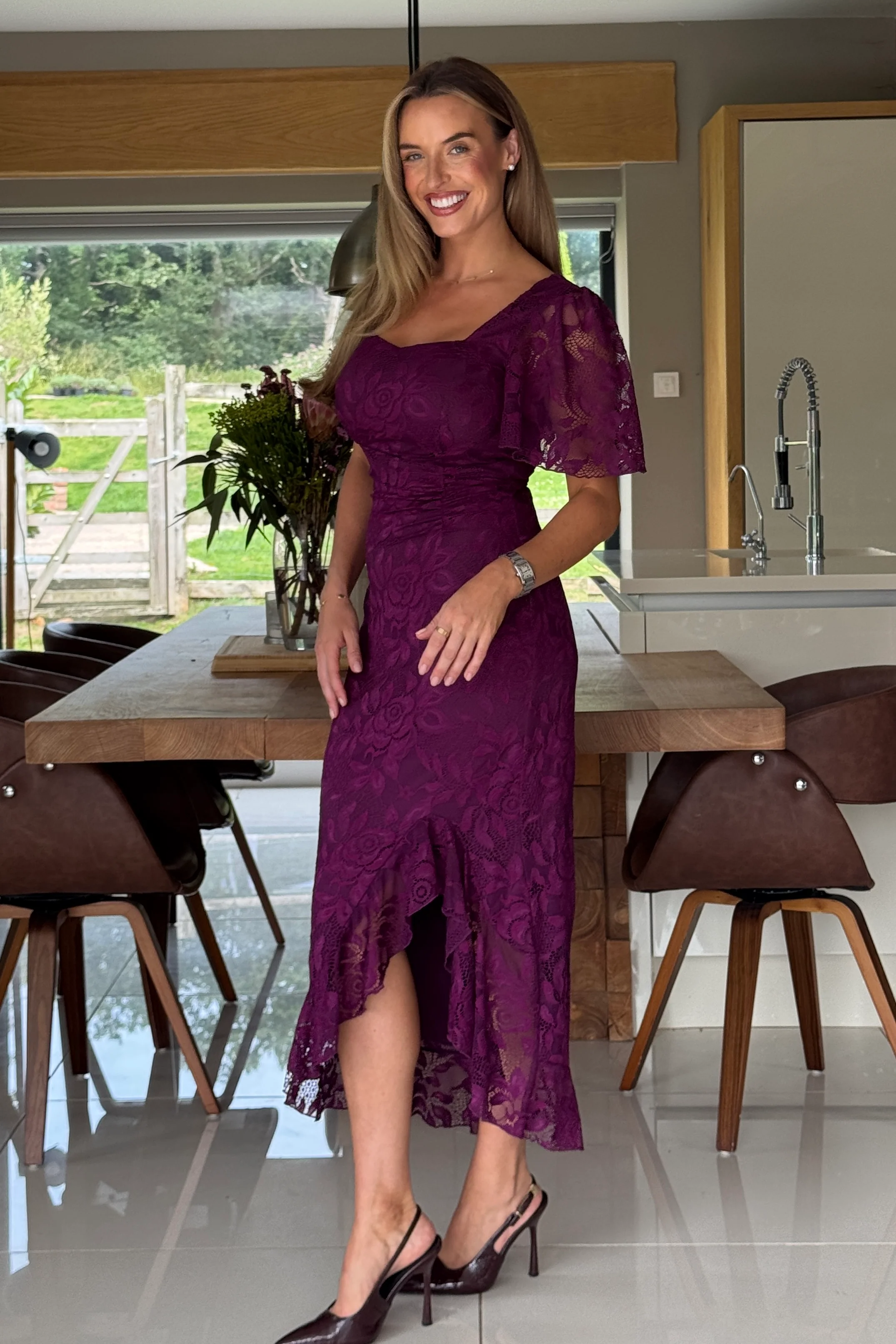 Heidi Lace Ruched Midi Dress Plum - Image 4