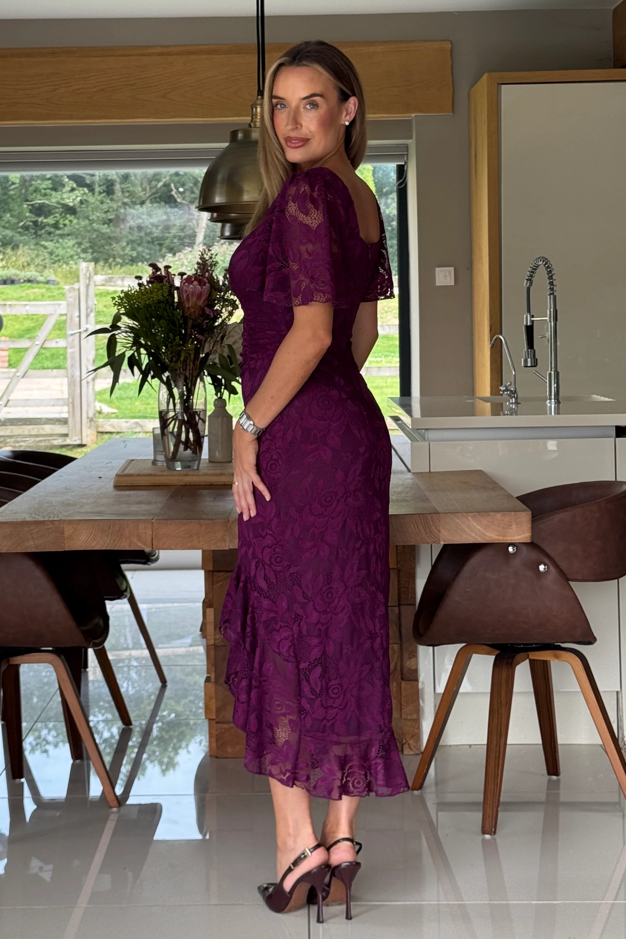 Heidi Lace Ruched Midi Dress Plum - Image 5