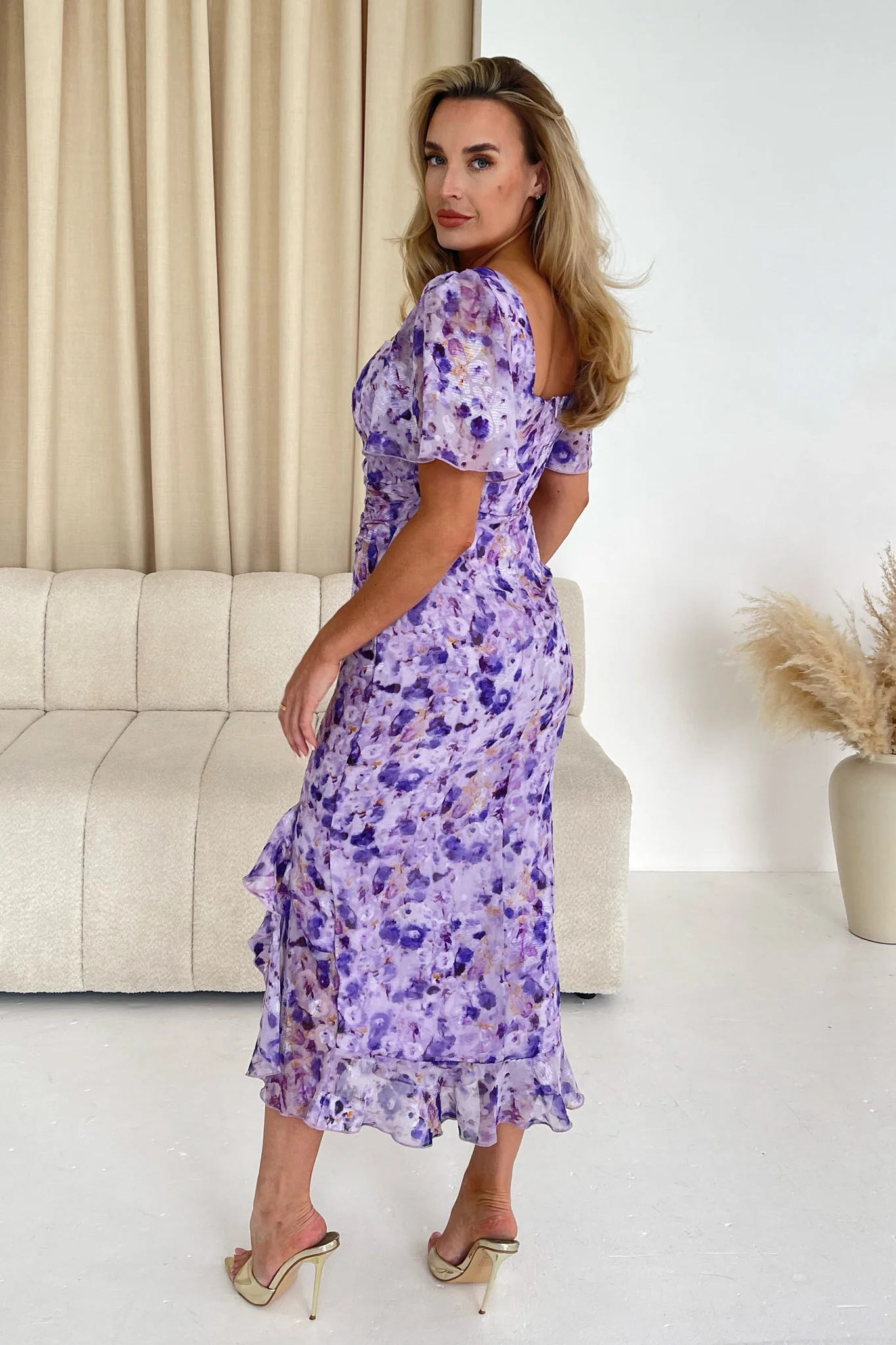 Heidi Light Purple Floral Burnout Ruched Midi Dress - Image 4