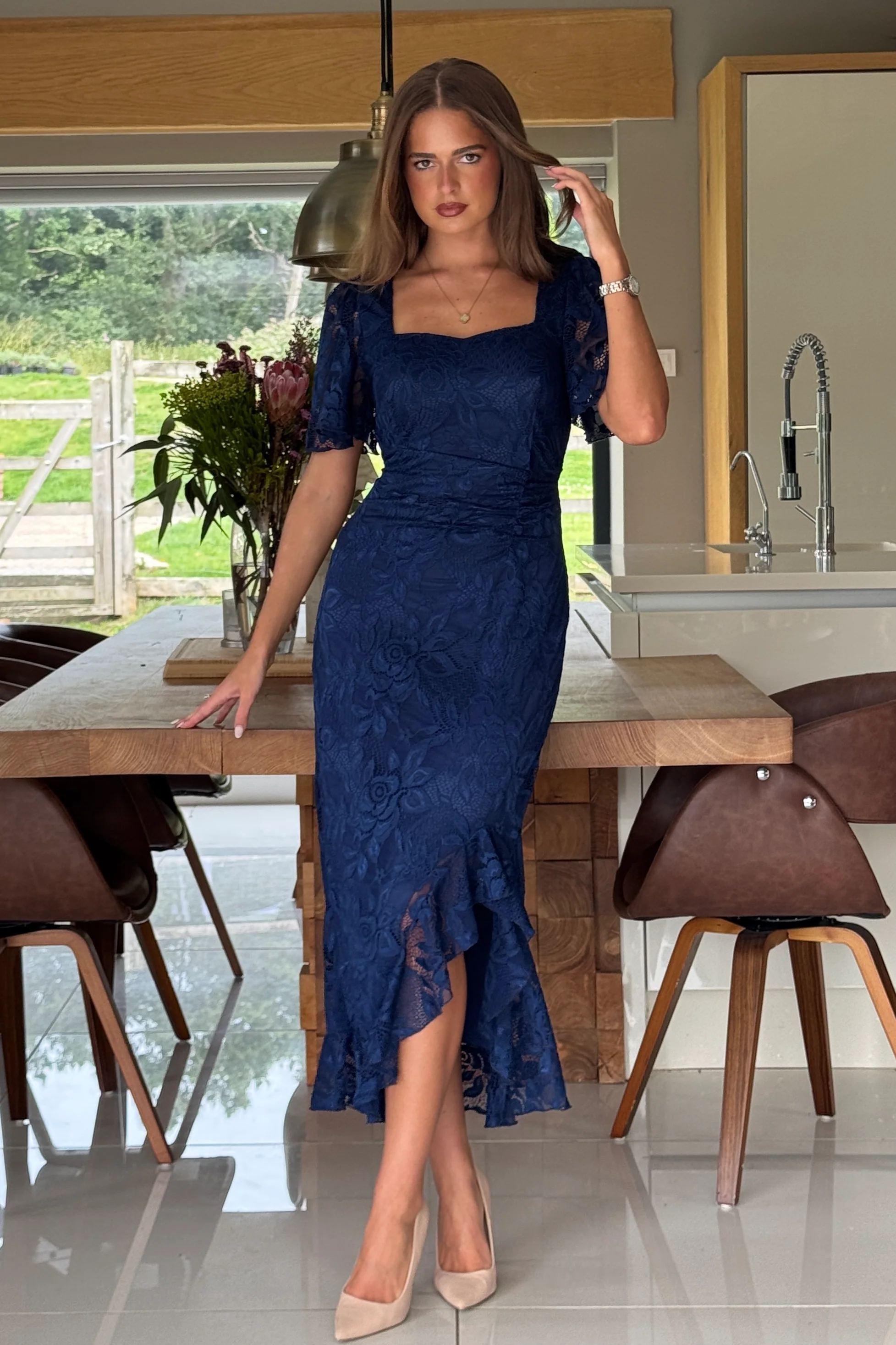 Heidi Navy Lace Ruched Midi Dress - Image 3