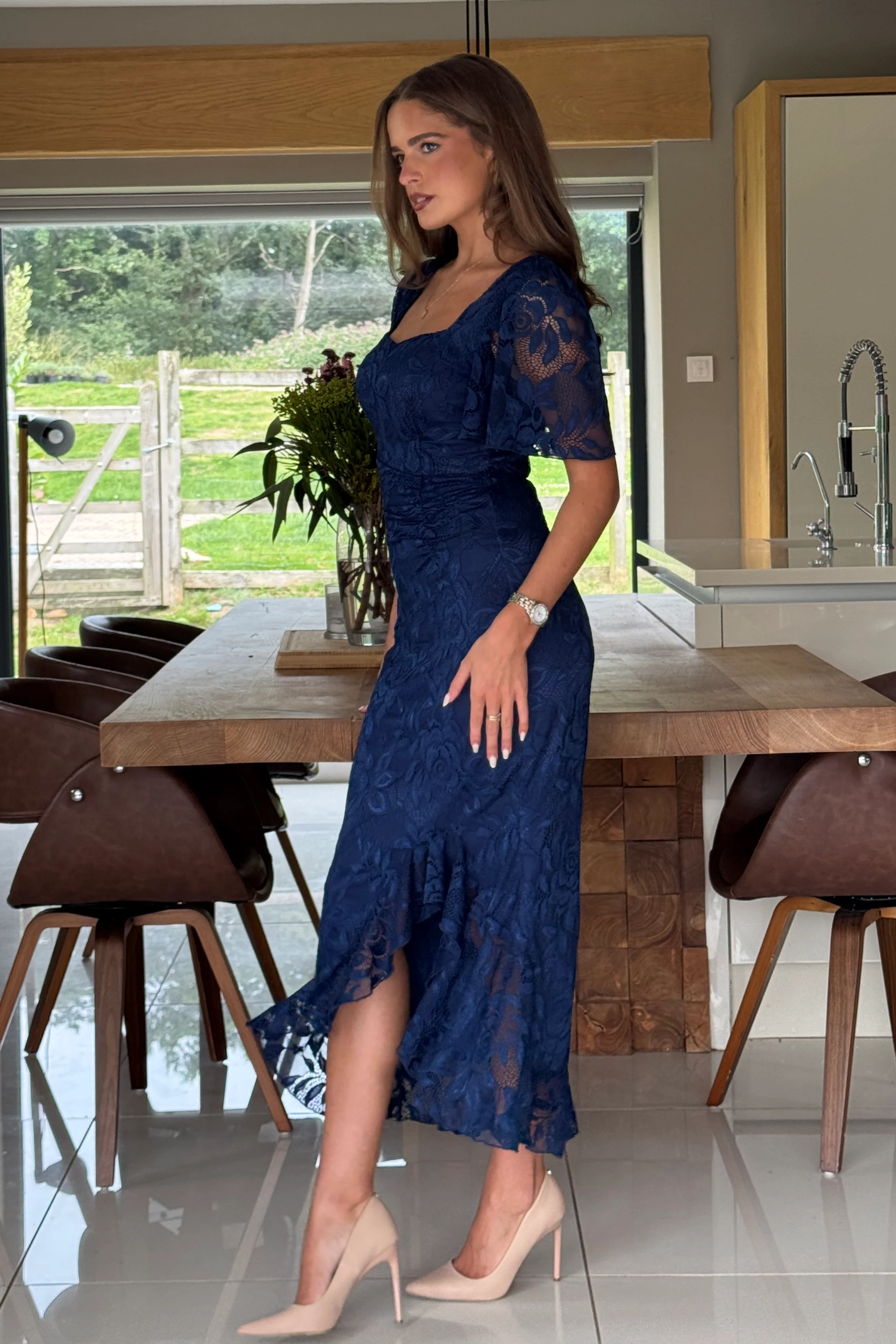 Heidi Navy Lace Ruched Midi Dress - Image 4