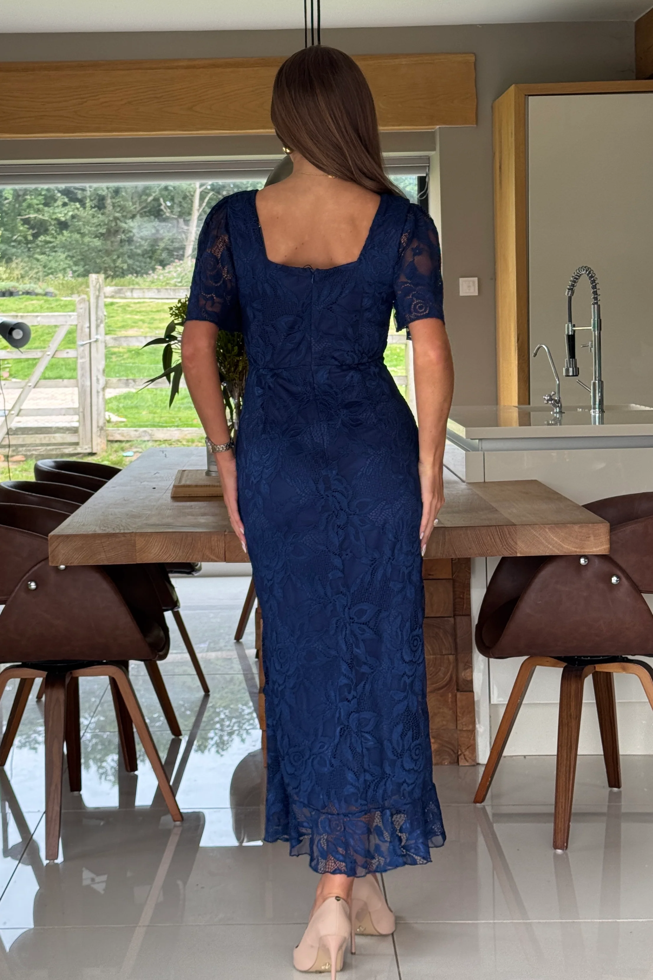 Heidi Navy Lace Ruched Midi Dress - Image 5