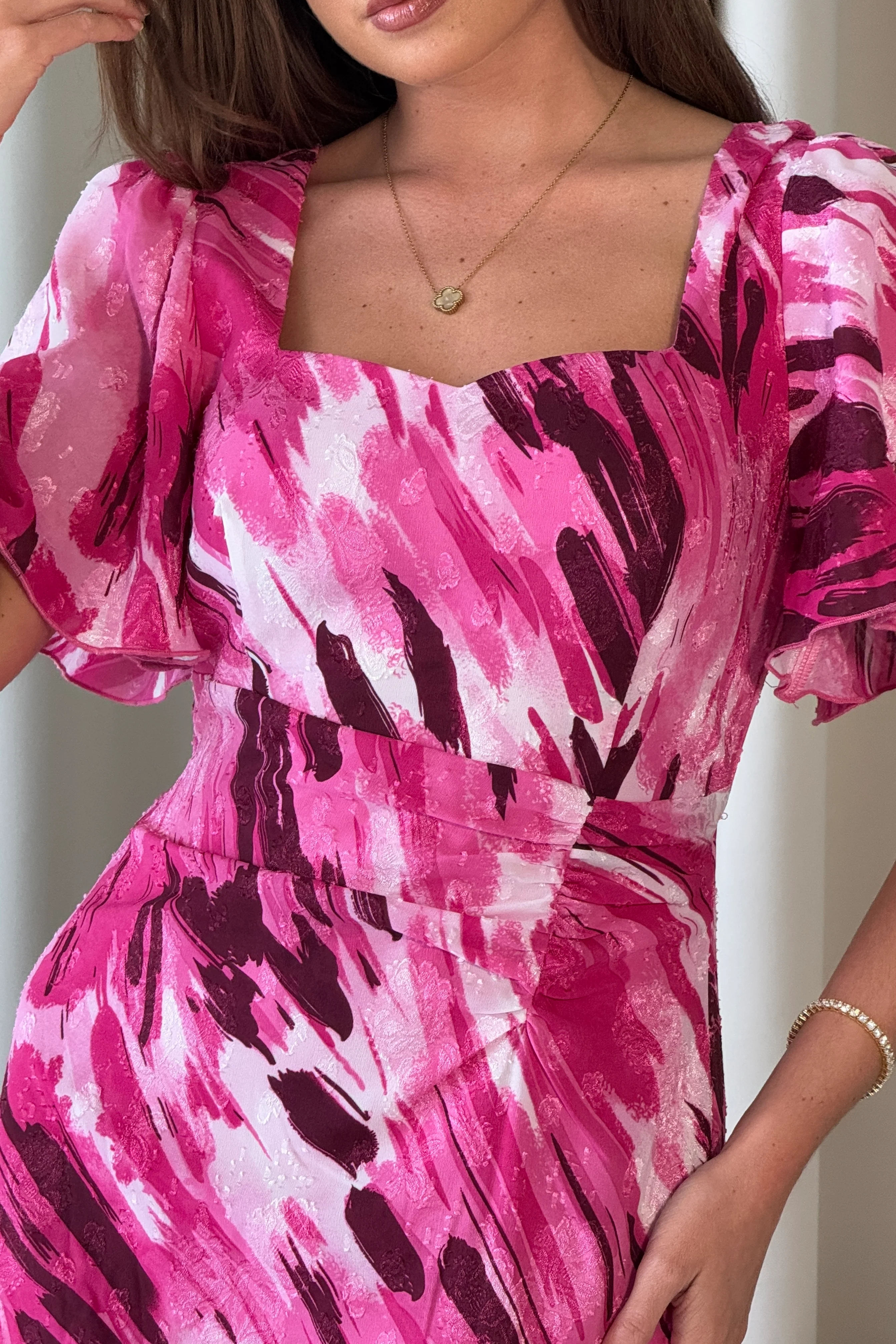 Heidi Pink Abstract Burnout Ruched Midi Dress - Image 4