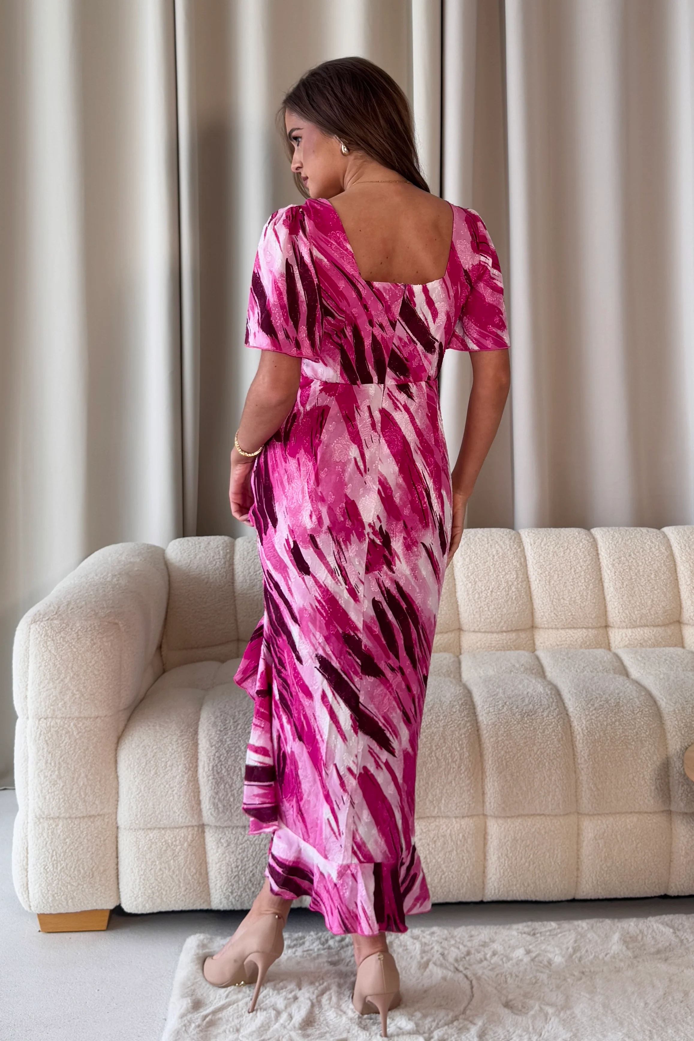 Heidi Pink Abstract Burnout Ruched Midi Dress - Image 6