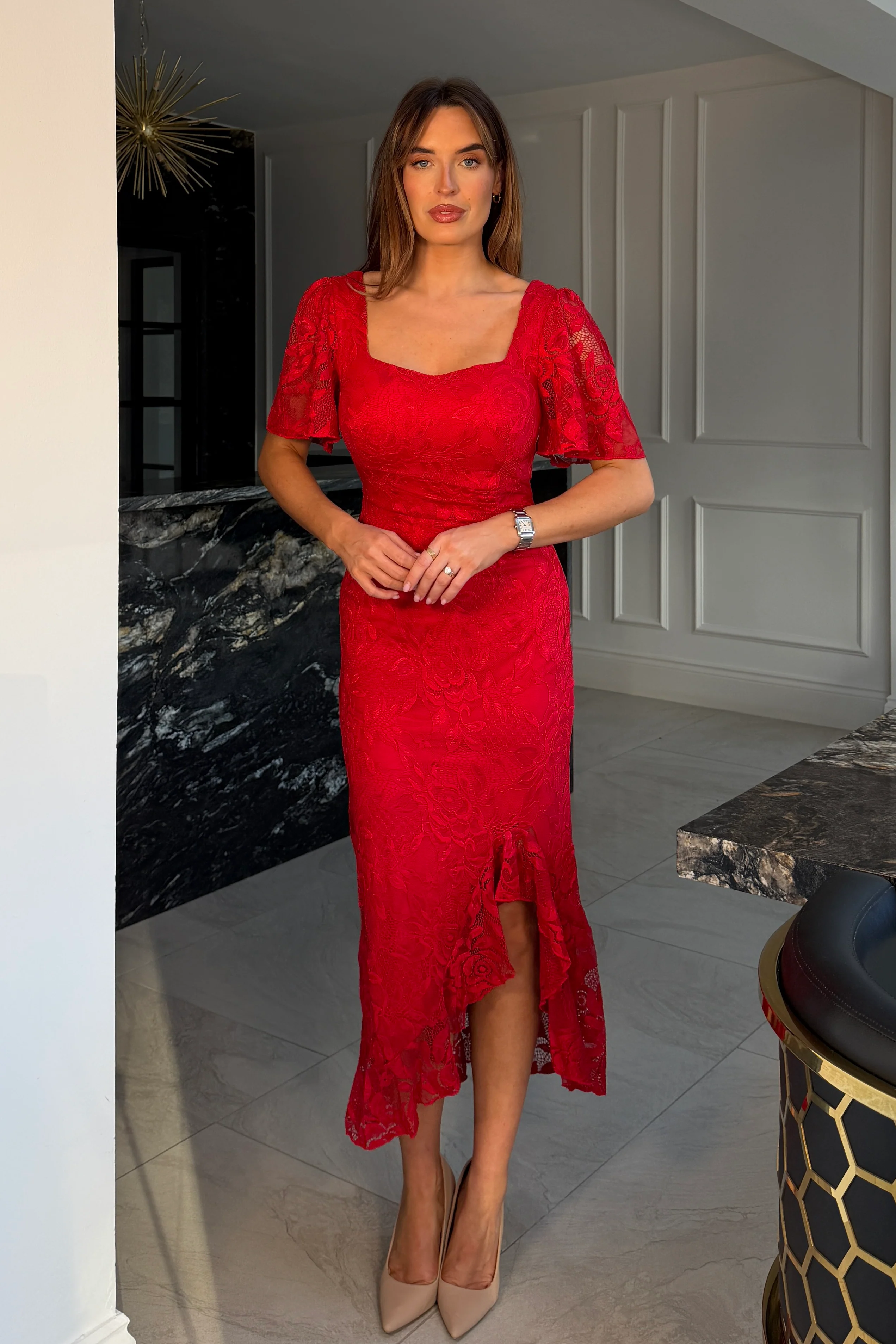 Heidi Red Lace Ruched Midi Dress - Image 3
