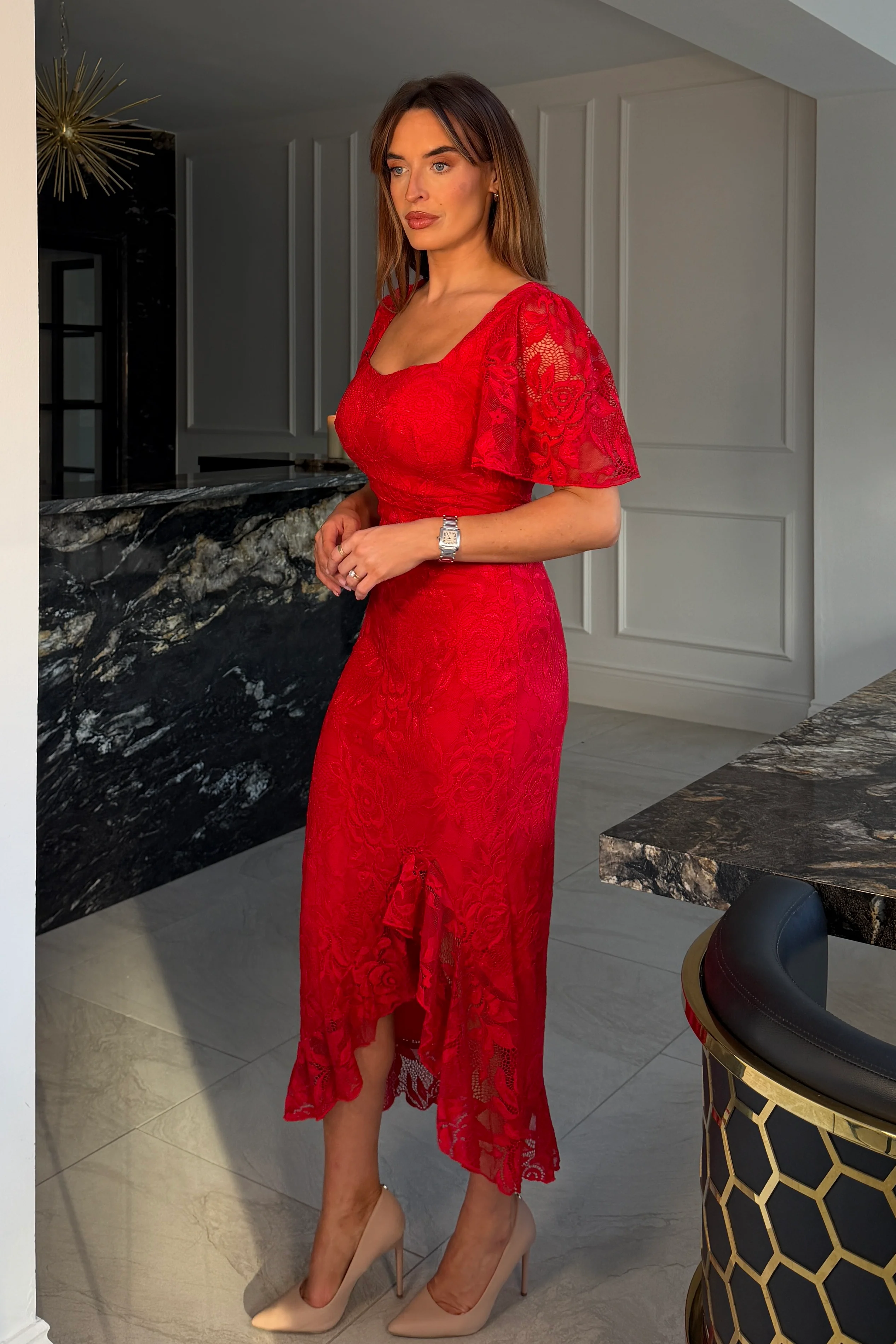 Heidi Red Lace Ruched Midi Dress - Image 4
