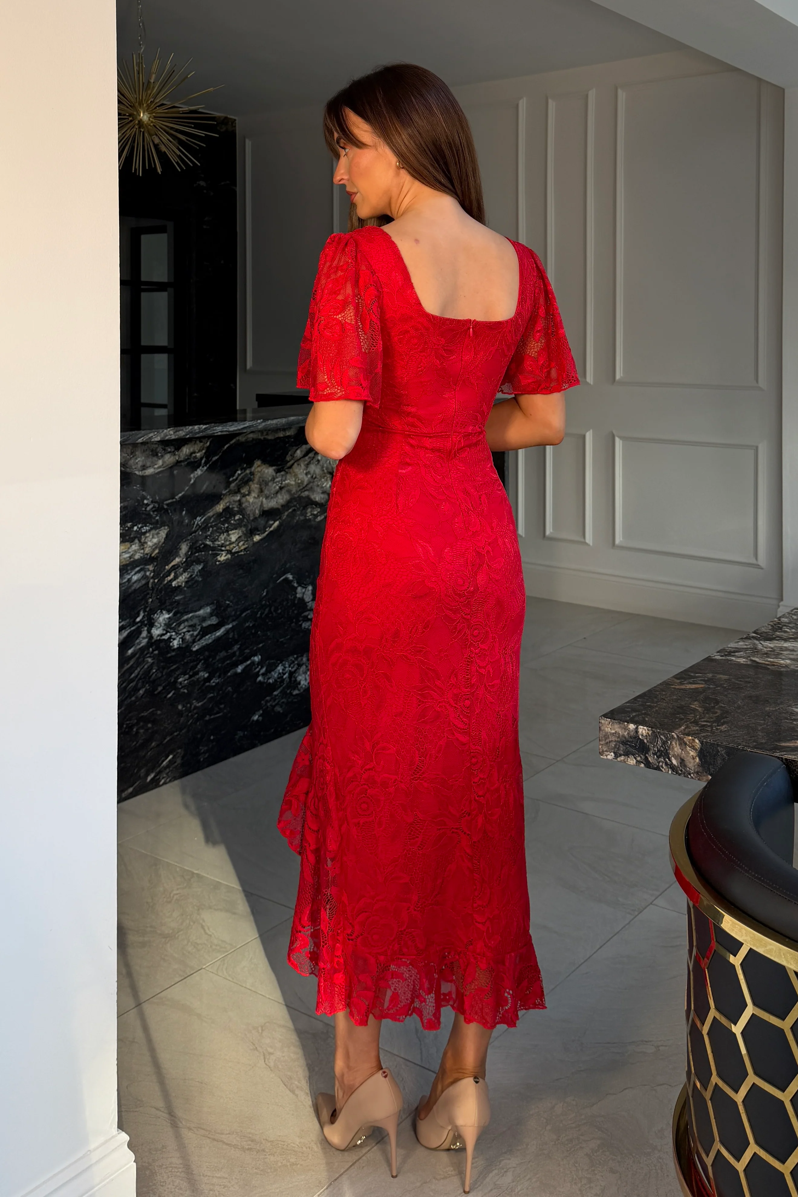 Heidi Red Lace Ruched Midi Dress - Image 5