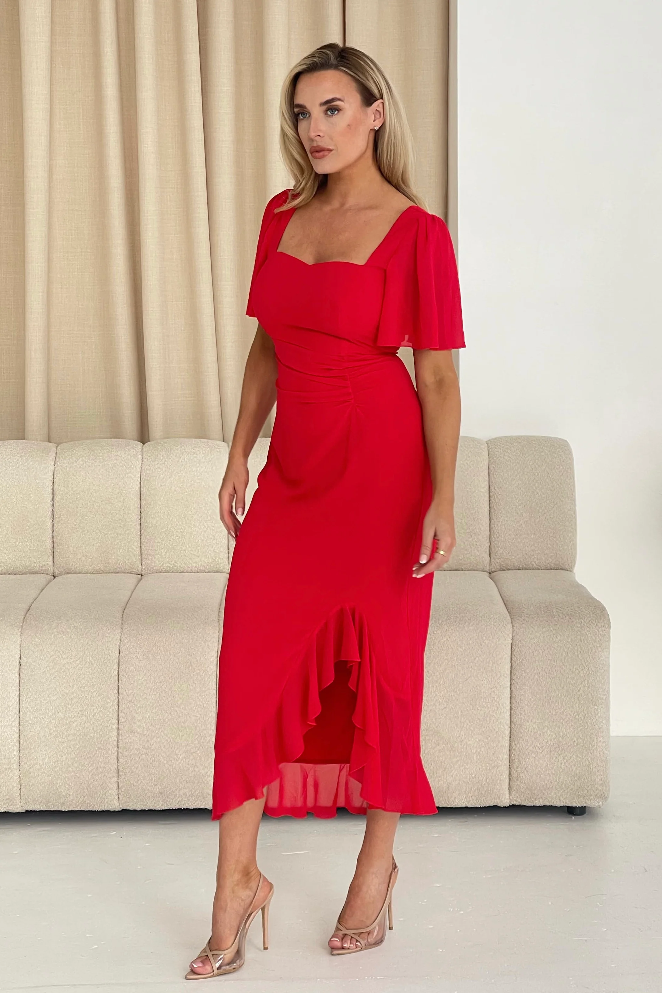 Heidi Red Ruched Midi Dress - Image 3
