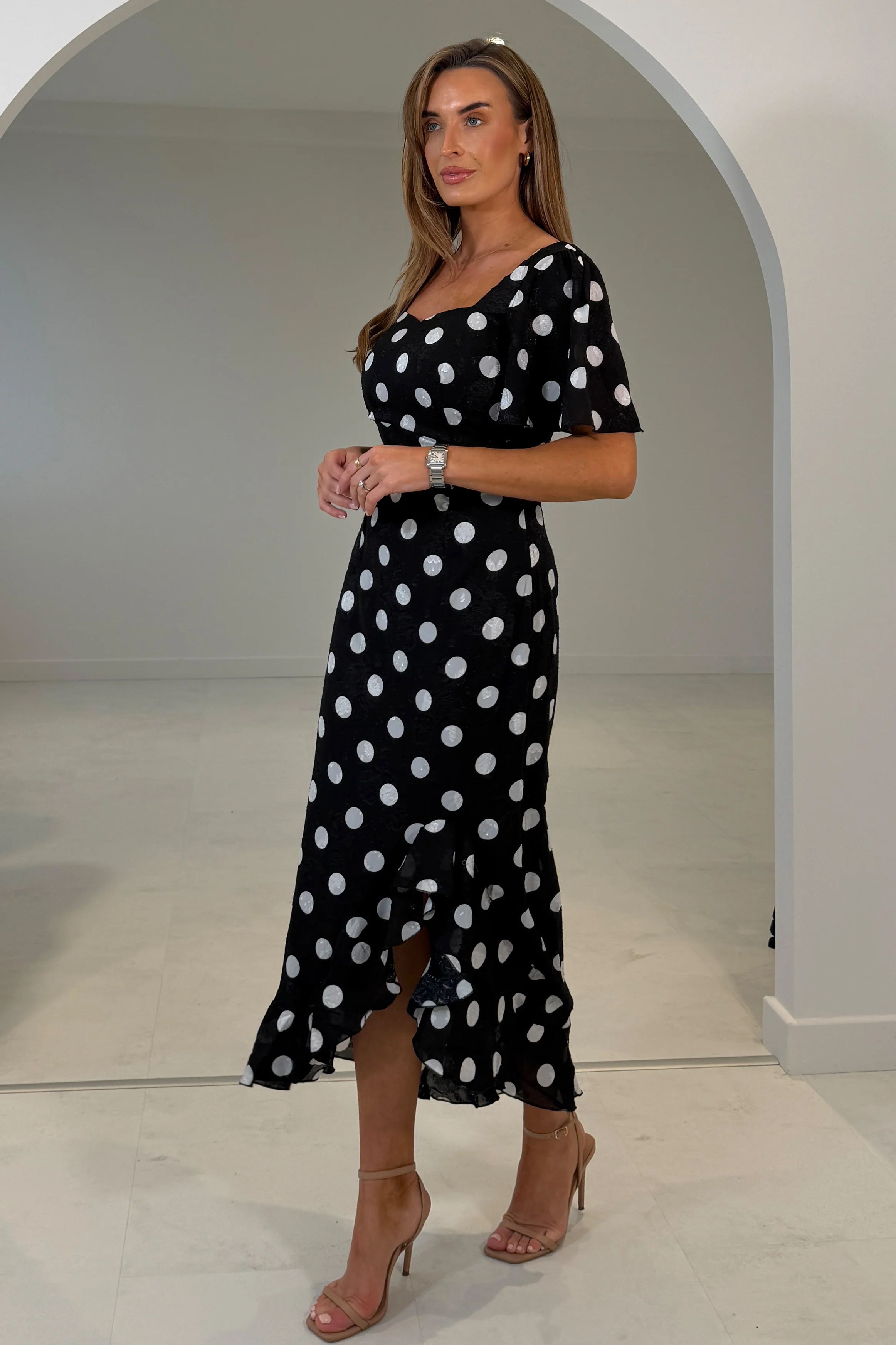 Heidi Spot Burnout Ruched Midi Dress - Image 3