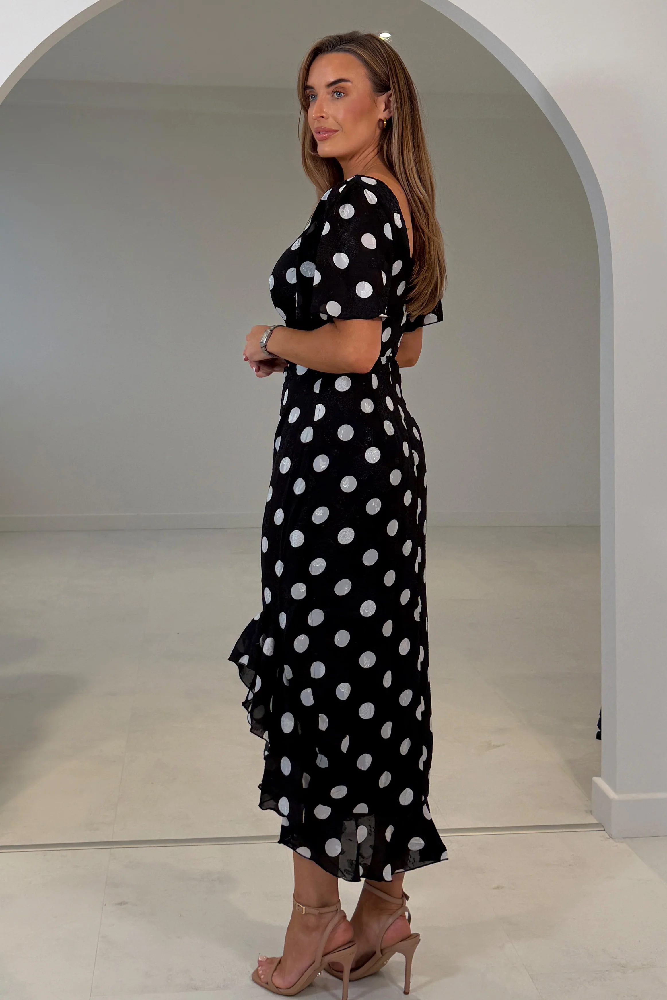 Heidi Spot Burnout Ruched Midi Dress - Image 5