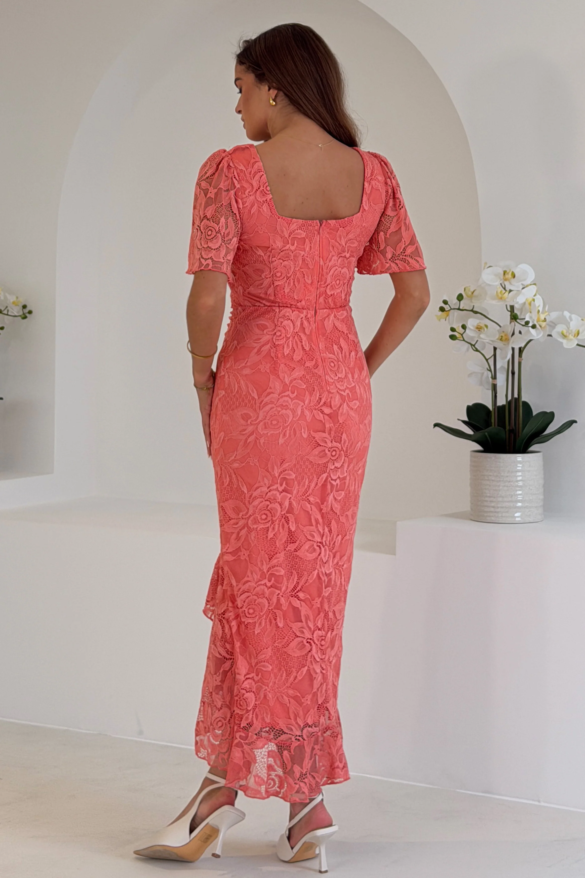 Heidi Lace Ruched Midi Dress Coral - Image 6