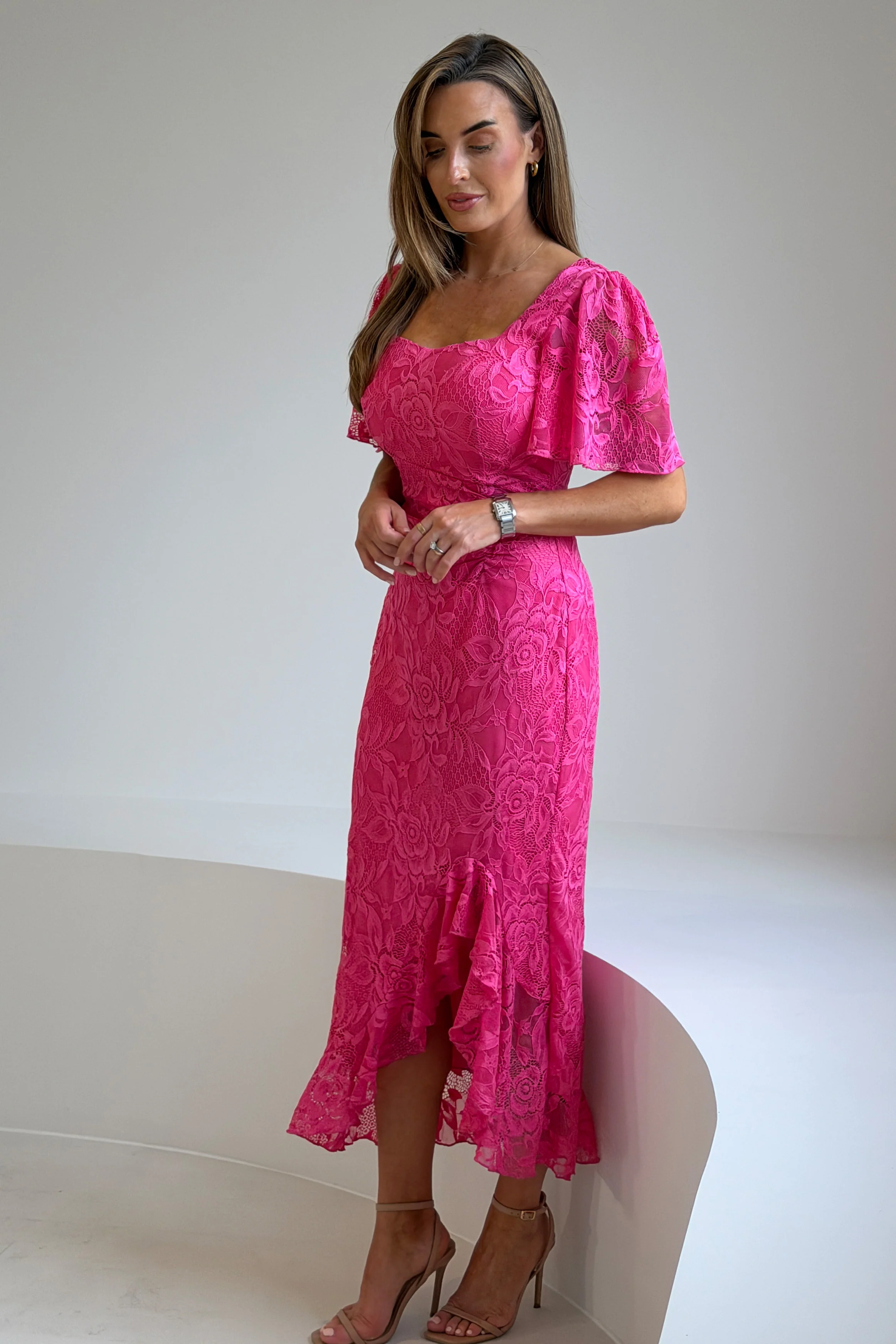 Heidi Lace Ruched Midi Dress Pink - Image 5